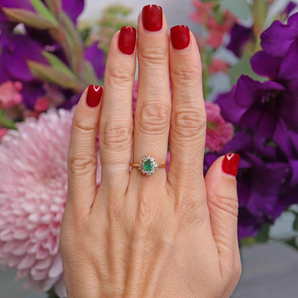 Ellibelle Jewellery Vintage 1988 Emerald & Vari-Cut Diamond 18ct Gold Pear Cluster Ring