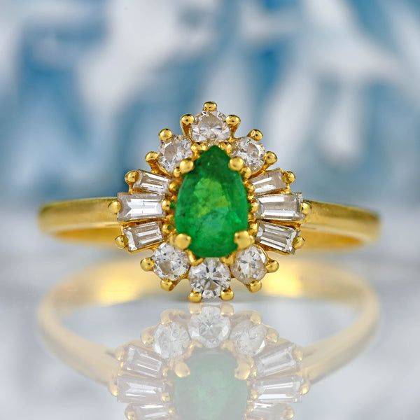 Ellibelle Jewellery Vintage 1988 Emerald & Vari-Cut Diamond 18ct Gold Pear Cluster Ring