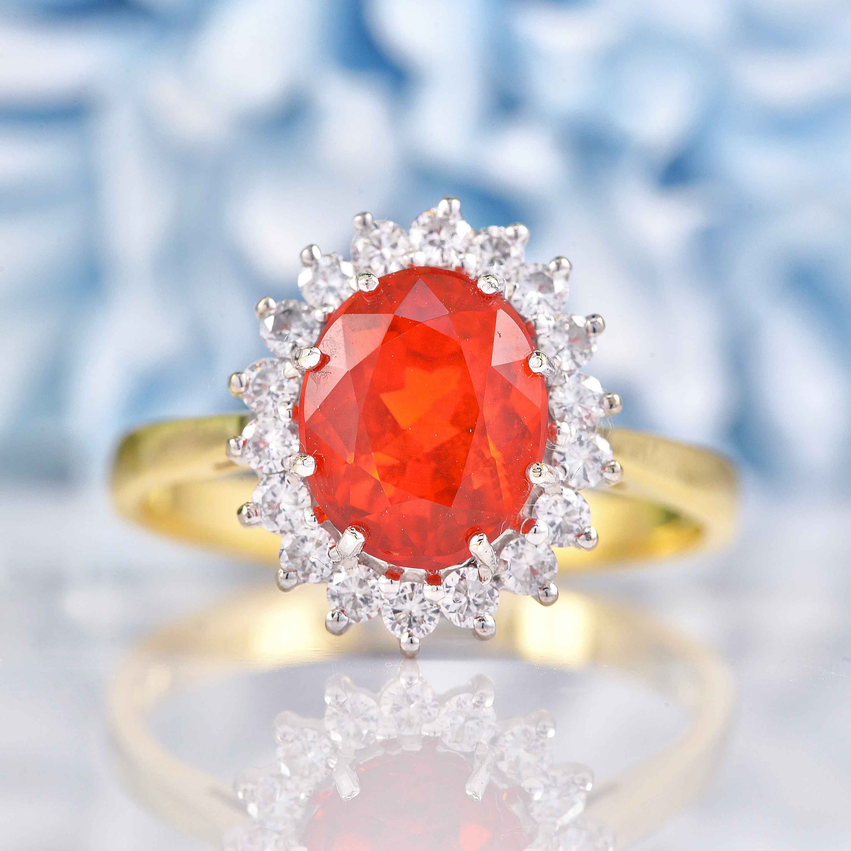 Ellibelle Jewellery Vintage 1988 Fire Opal & Diamond 18ct Gold Cluster Ring