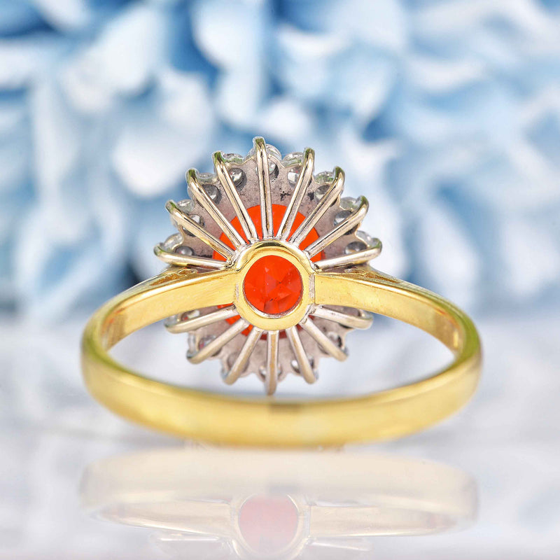 Ellibelle Jewellery Vintage 1988 Fire Opal & Diamond 18ct Gold Cluster Ring