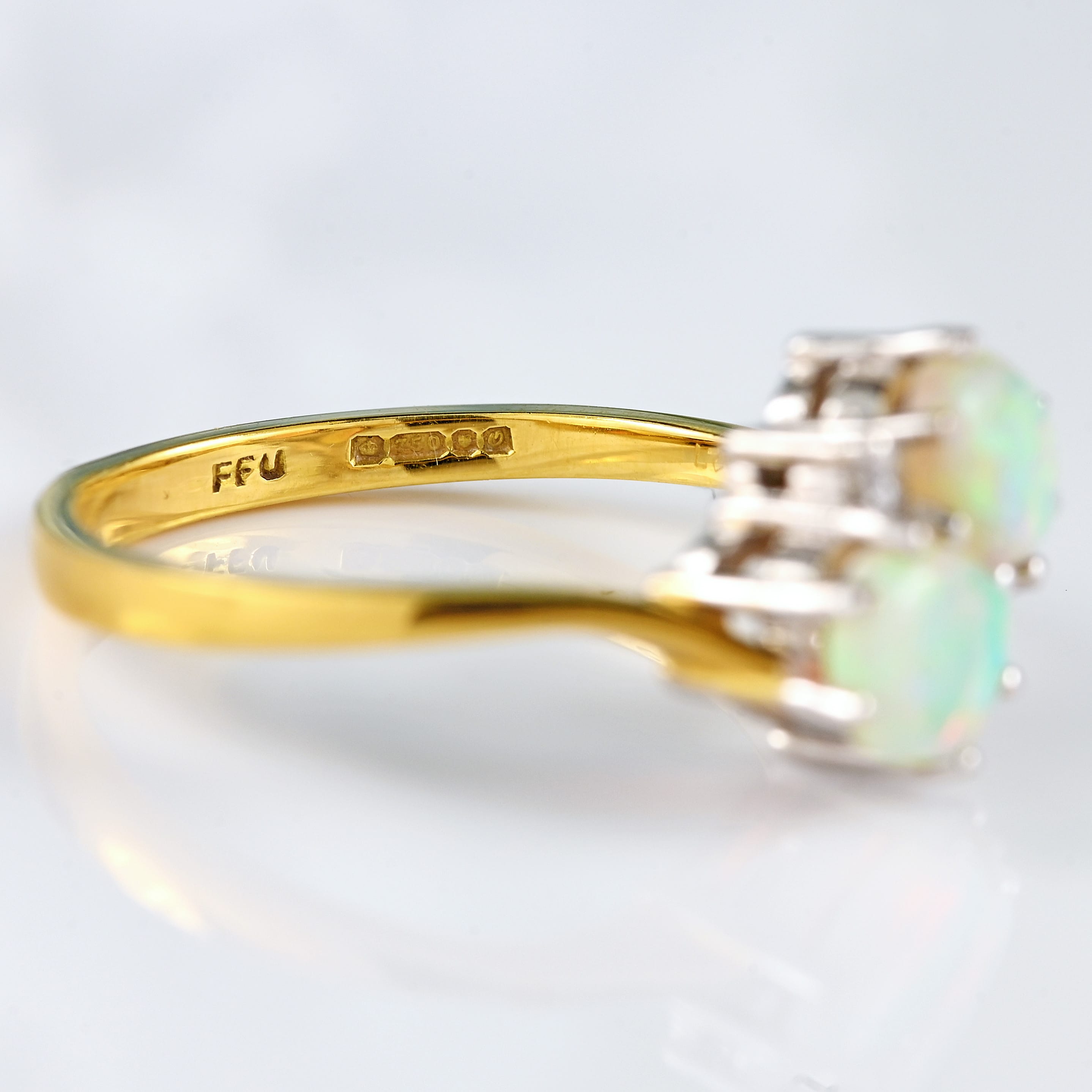 Ellibelle Jewellery Vintage 1988 Opal & Diamond 18ct Gold Two-Stone Crossover Ring
