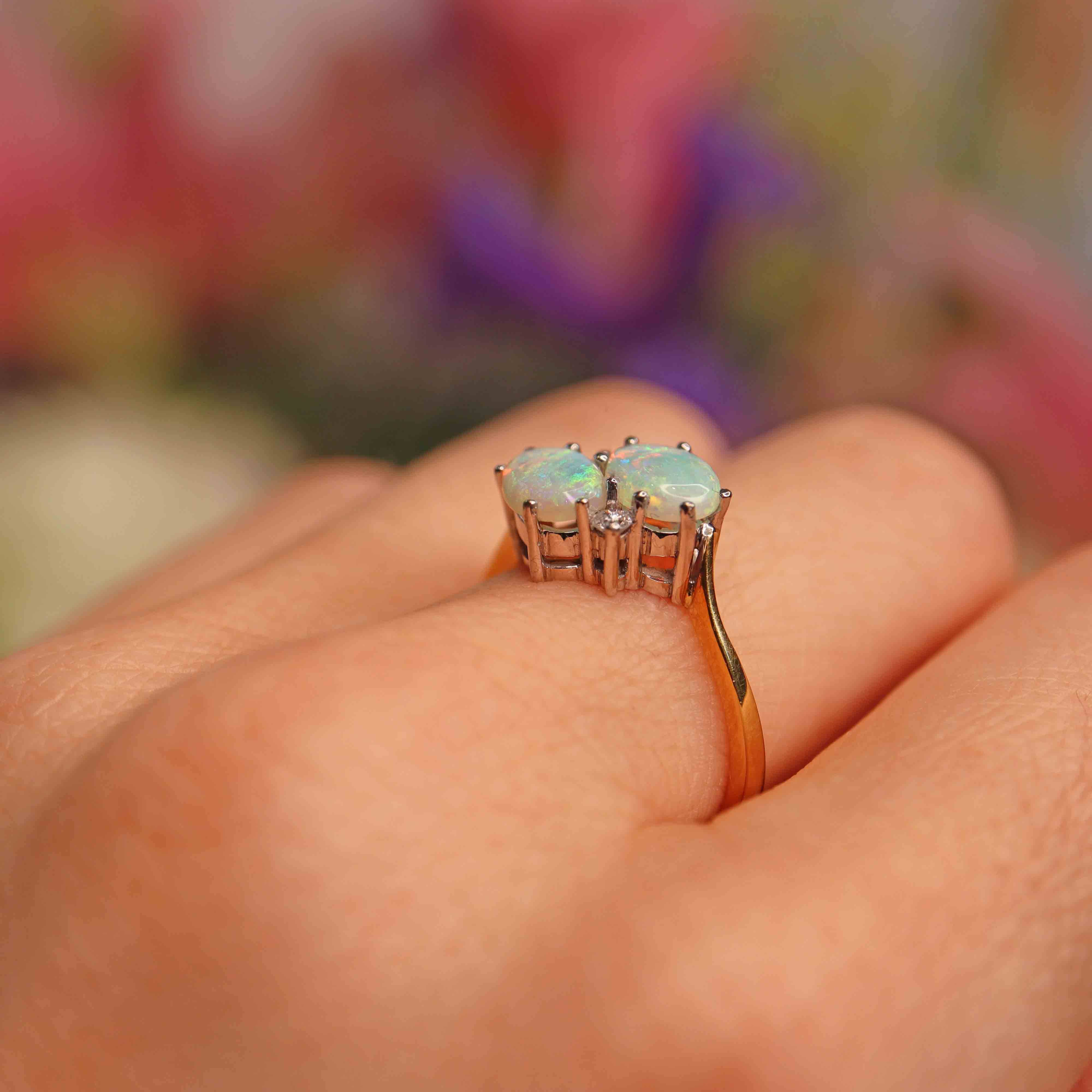Ellibelle Jewellery Vintage 1988 Opal & Diamond 18ct Gold Two-Stone Crossover Ring