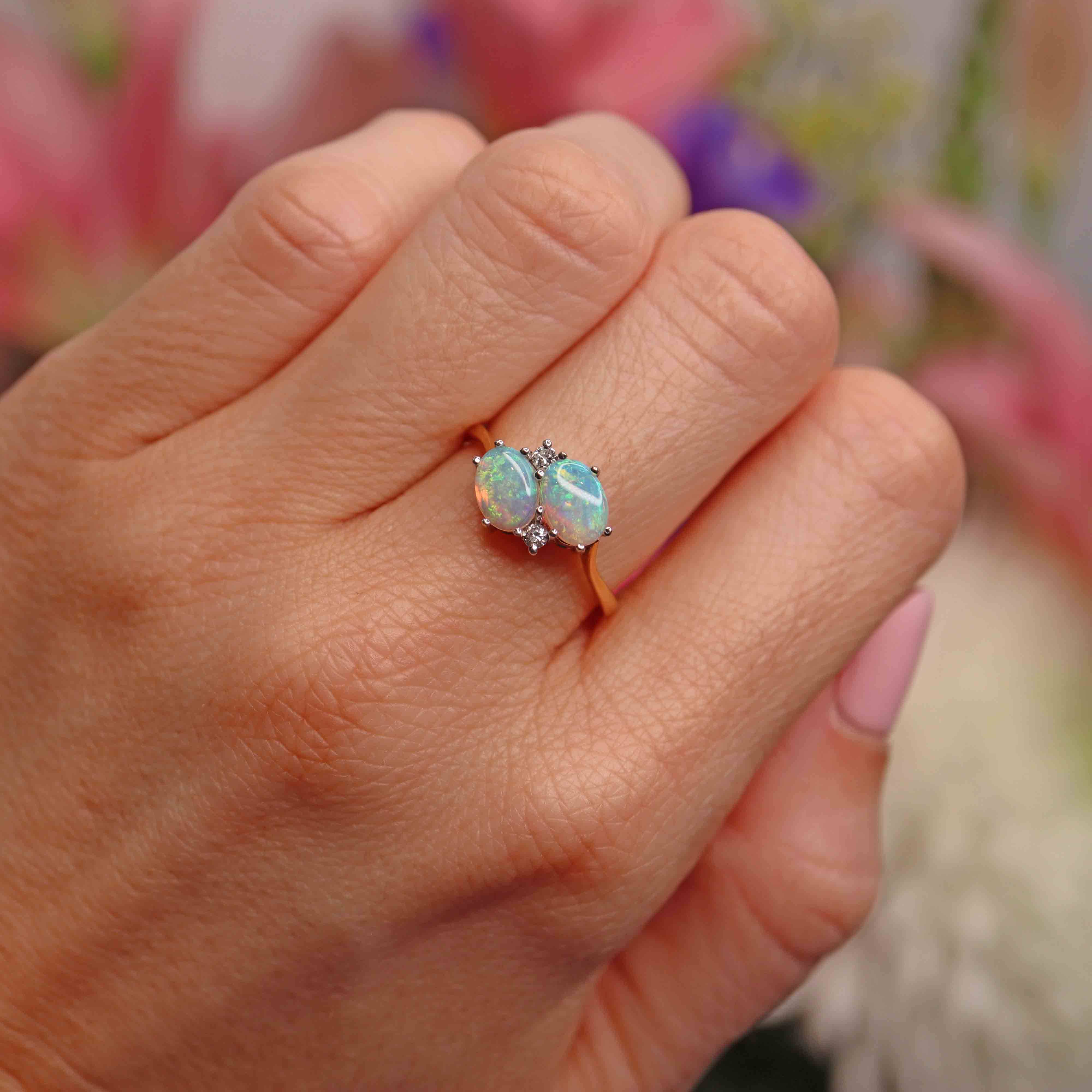 Ellibelle Jewellery Vintage 1988 Opal & Diamond 18ct Gold Two-Stone Crossover Ring