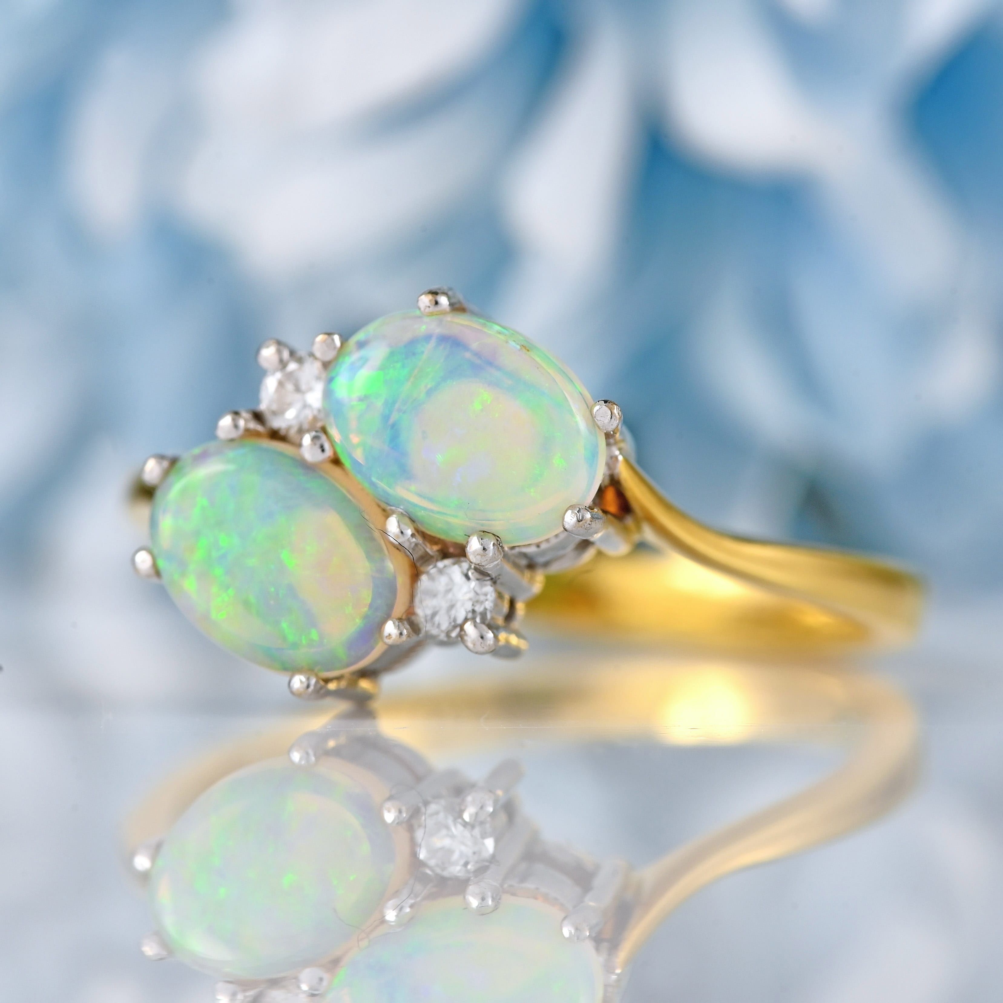 Ellibelle Jewellery Vintage 1988 Opal & Diamond 18ct Gold Two-Stone Crossover Ring
