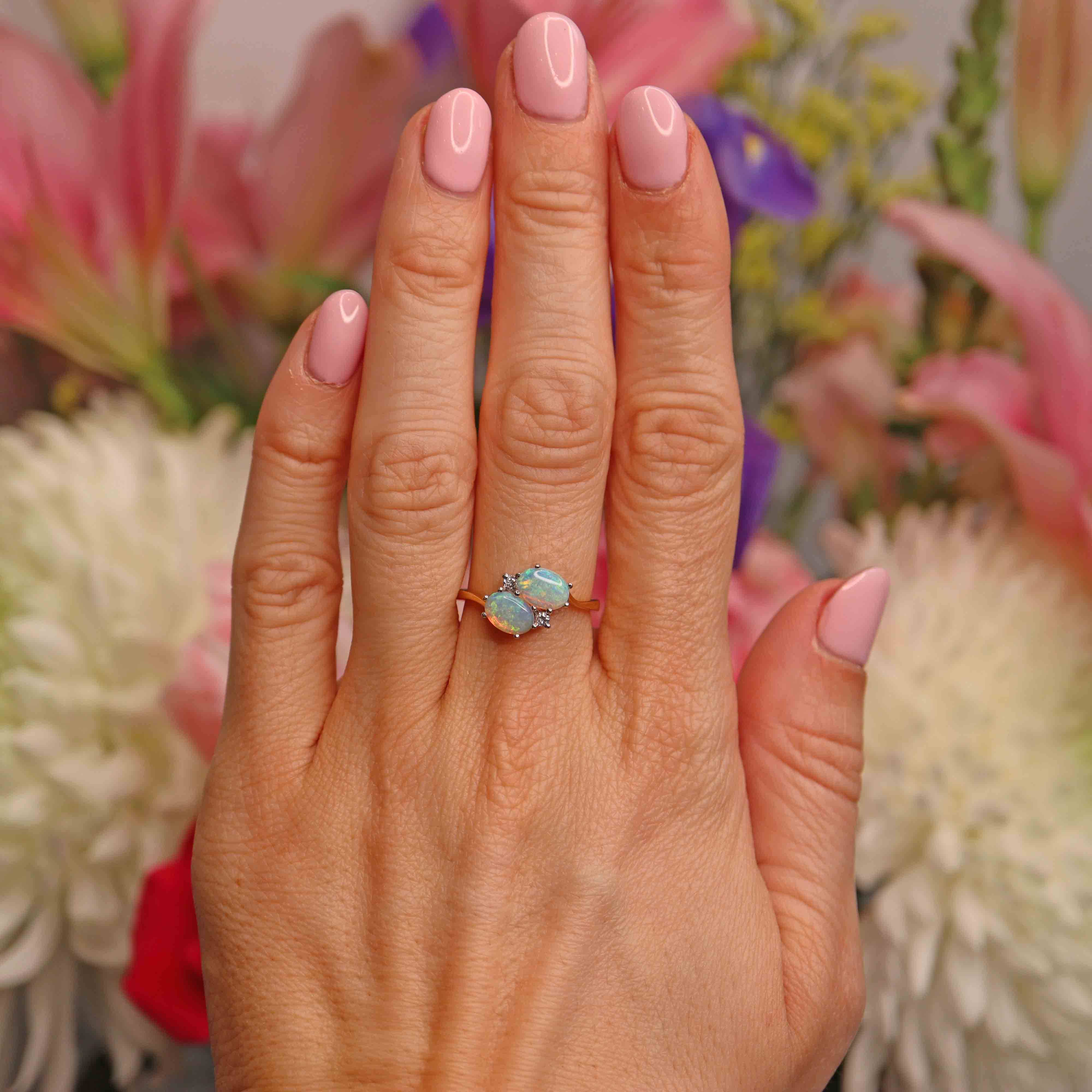 Ellibelle Jewellery Vintage 1988 Opal & Diamond 18ct Gold Two-Stone Crossover Ring