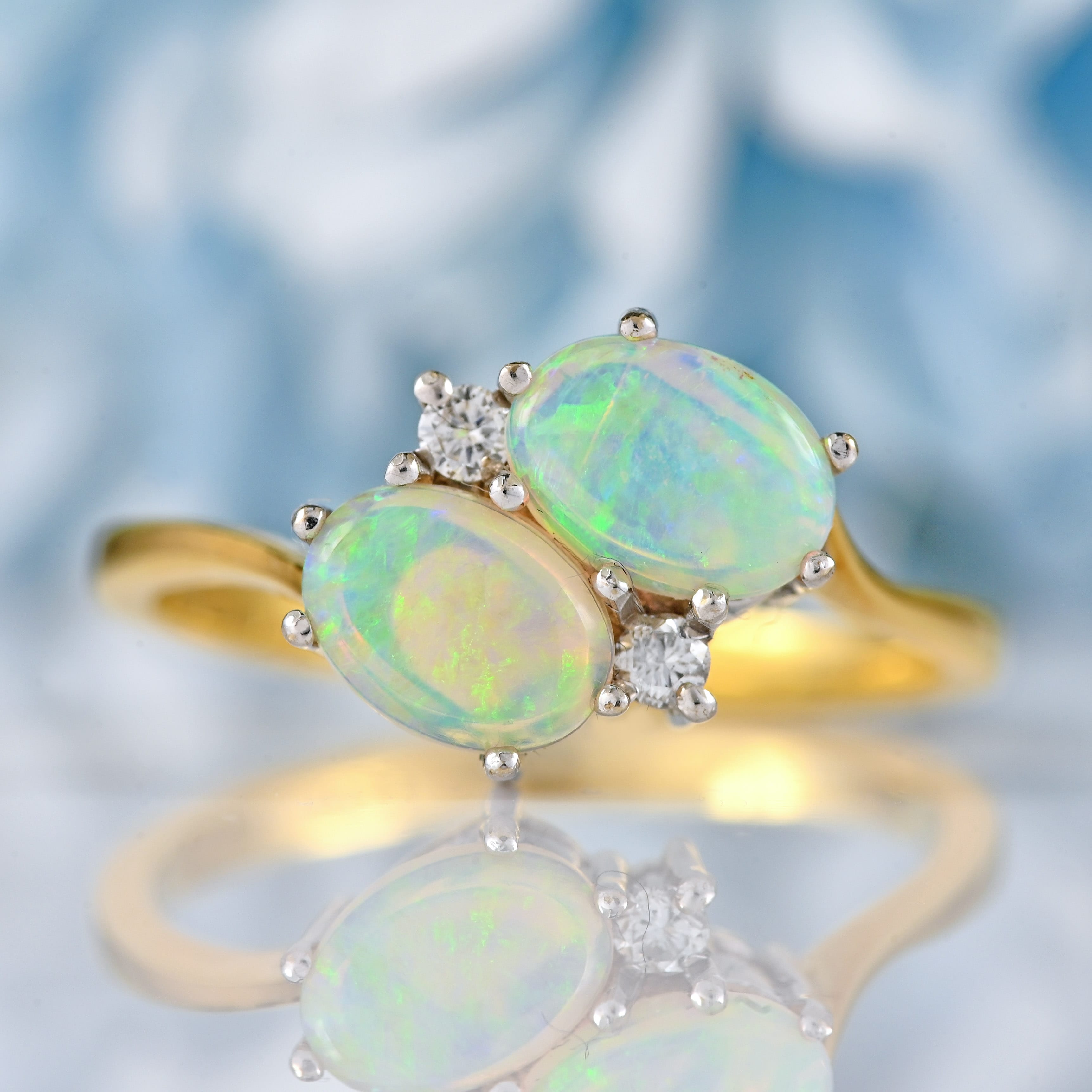 Ellibelle Jewellery Vintage 1988 Opal & Diamond 18ct Gold Two-Stone Crossover Ring