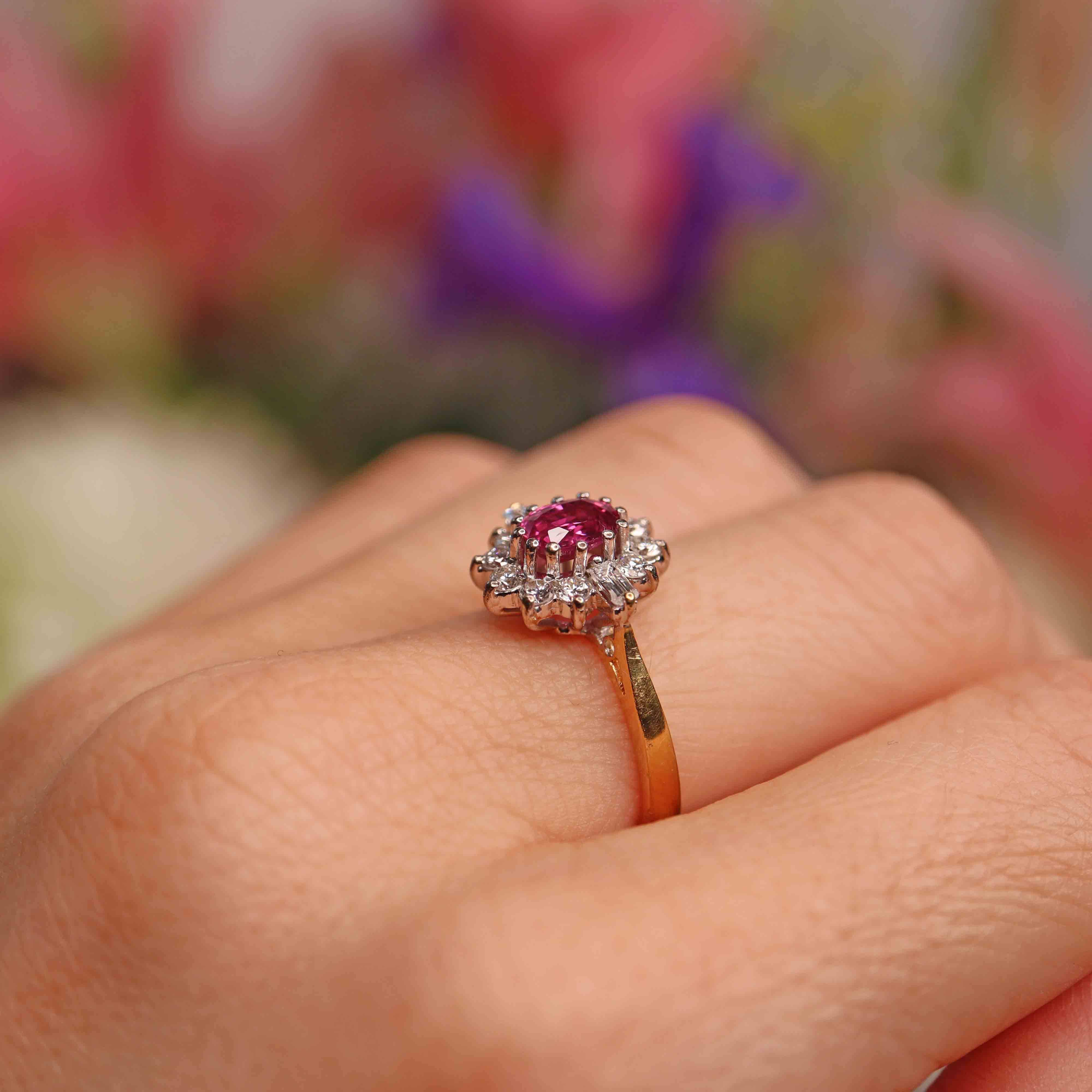 Ellibelle Jewellery Vintage 1988 Pink Sapphire & Vari-Cut Diamond 18ct Gold Cluster Ring (0.86cts)