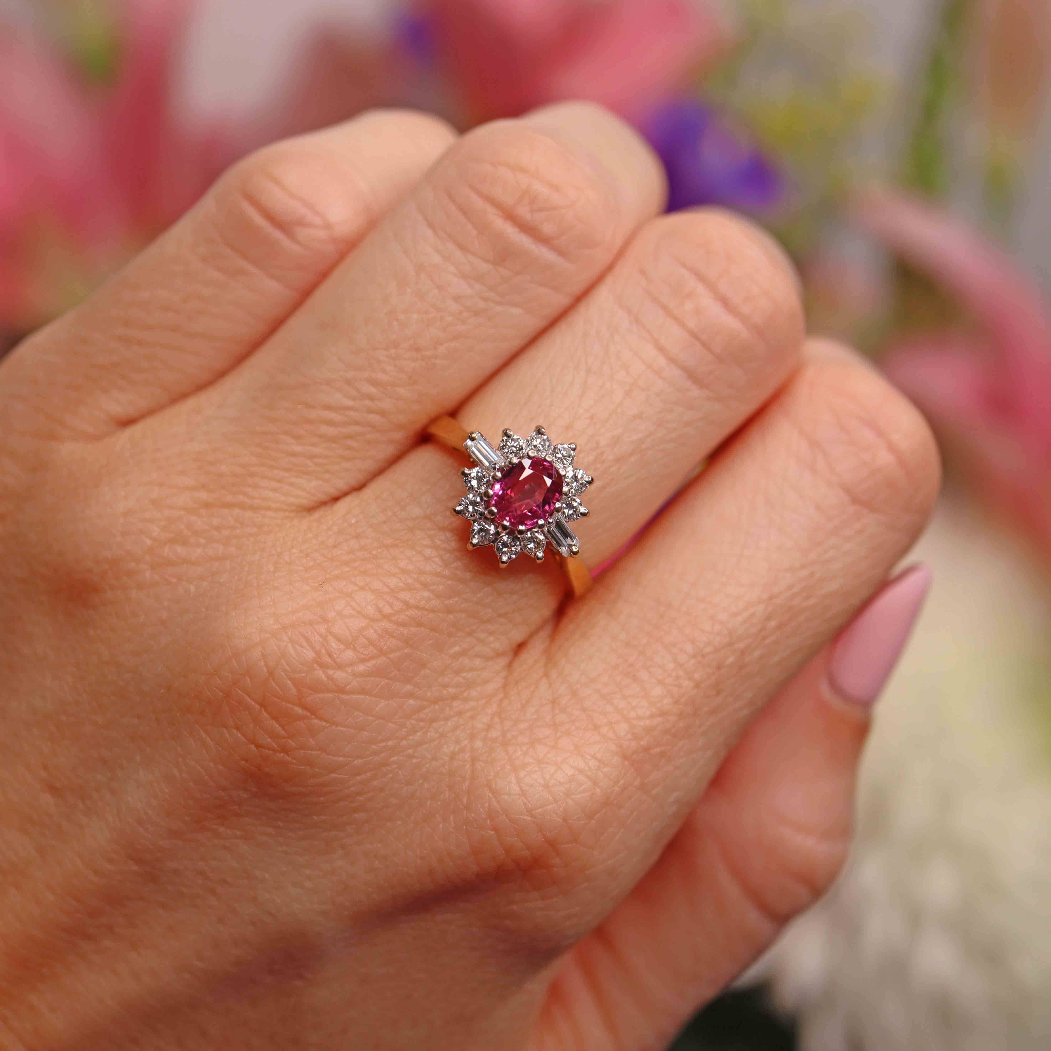 Ellibelle Jewellery Vintage 1988 Pink Sapphire & Vari-Cut Diamond 18ct Gold Cluster Ring (0.86cts)