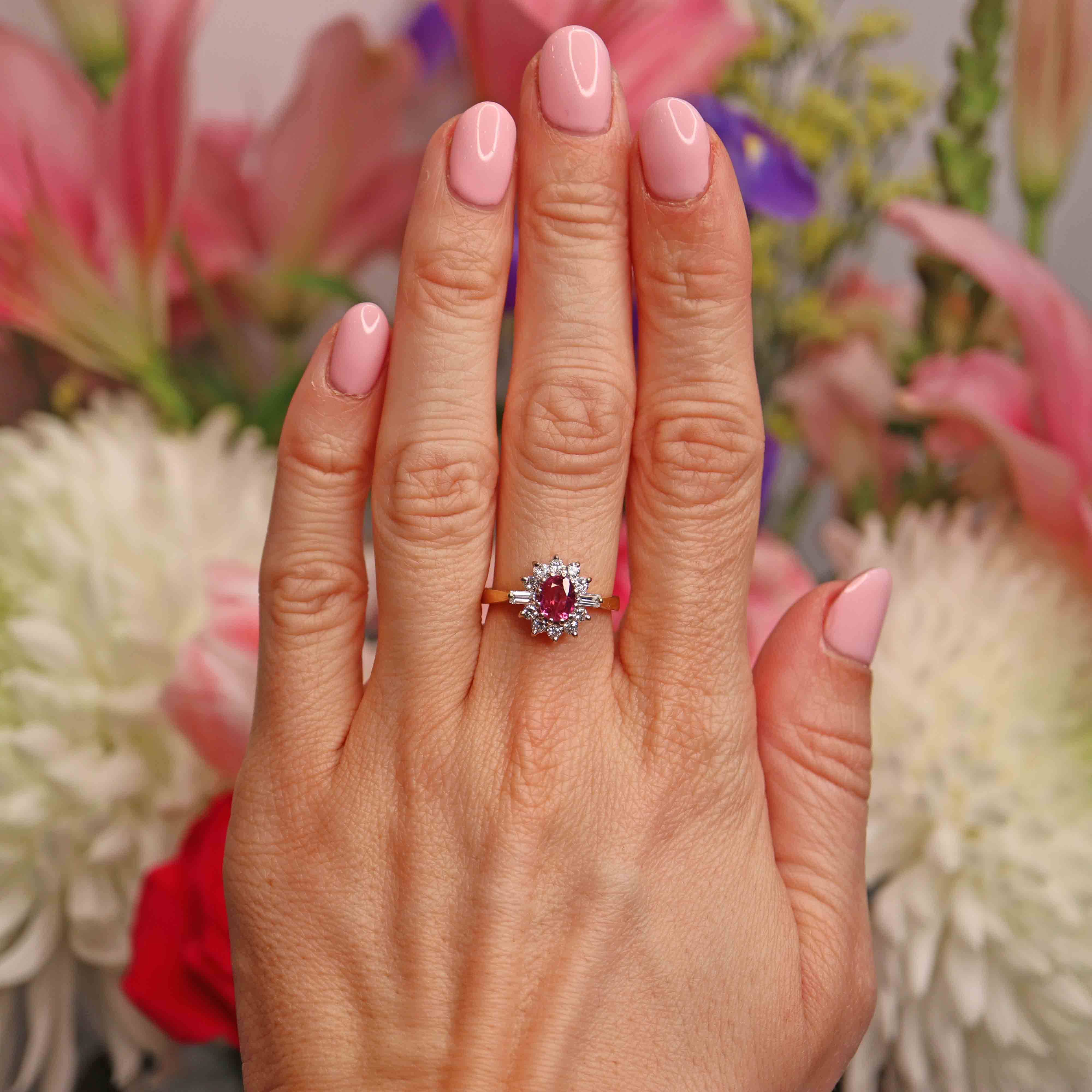 Ellibelle Jewellery Vintage 1988 Pink Sapphire & Vari-Cut Diamond 18ct Gold Cluster Ring (0.86cts)