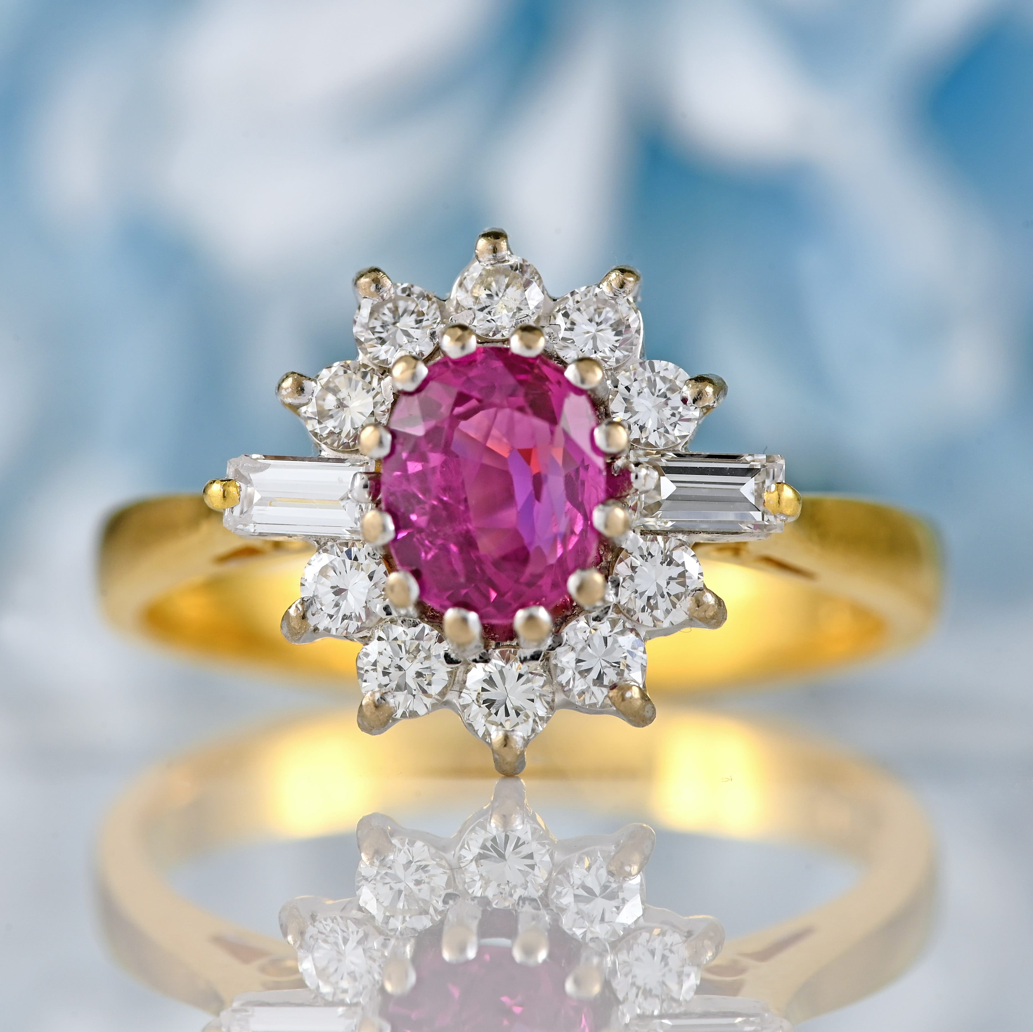 Ellibelle Jewellery Vintage 1988 Pink Sapphire & Vari-Cut Diamond 18ct Gold Cluster Ring (0.86cts)