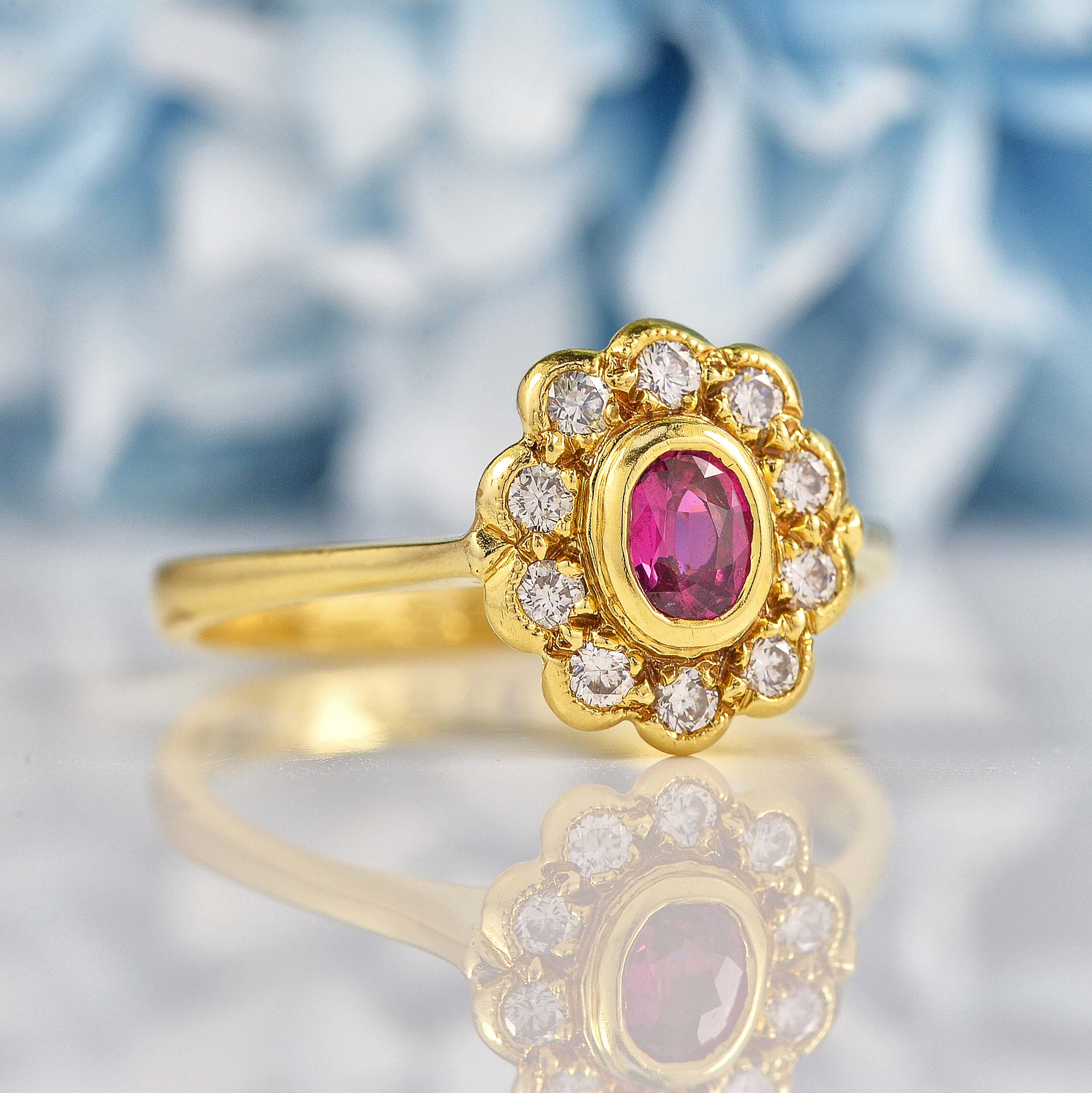 Ellibelle Jewellery Vintage 1988 Ruby & Diamond 18ct Gold Cluster Ring