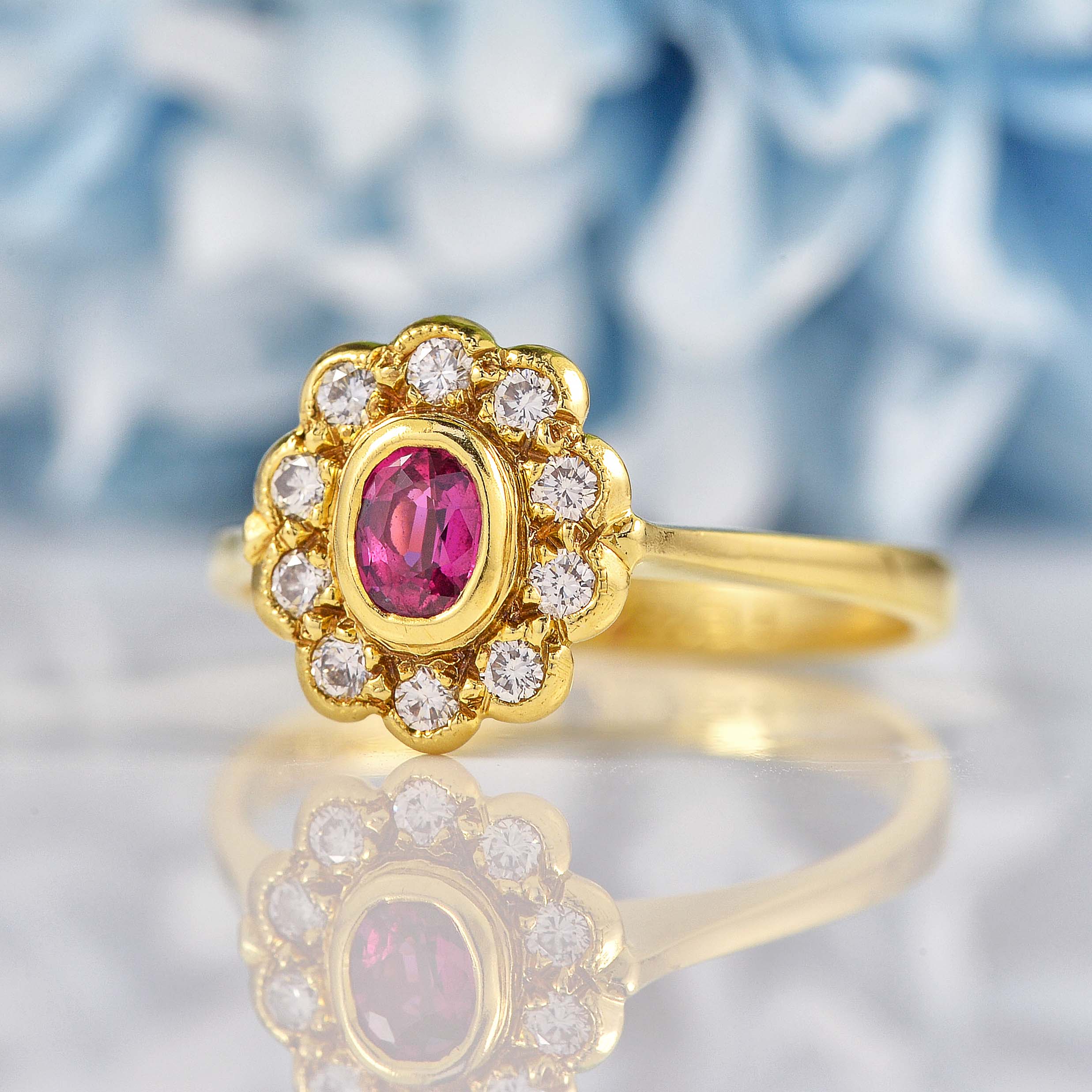 Ellibelle Jewellery Vintage 1988 Ruby & Diamond 18ct Gold Cluster Ring