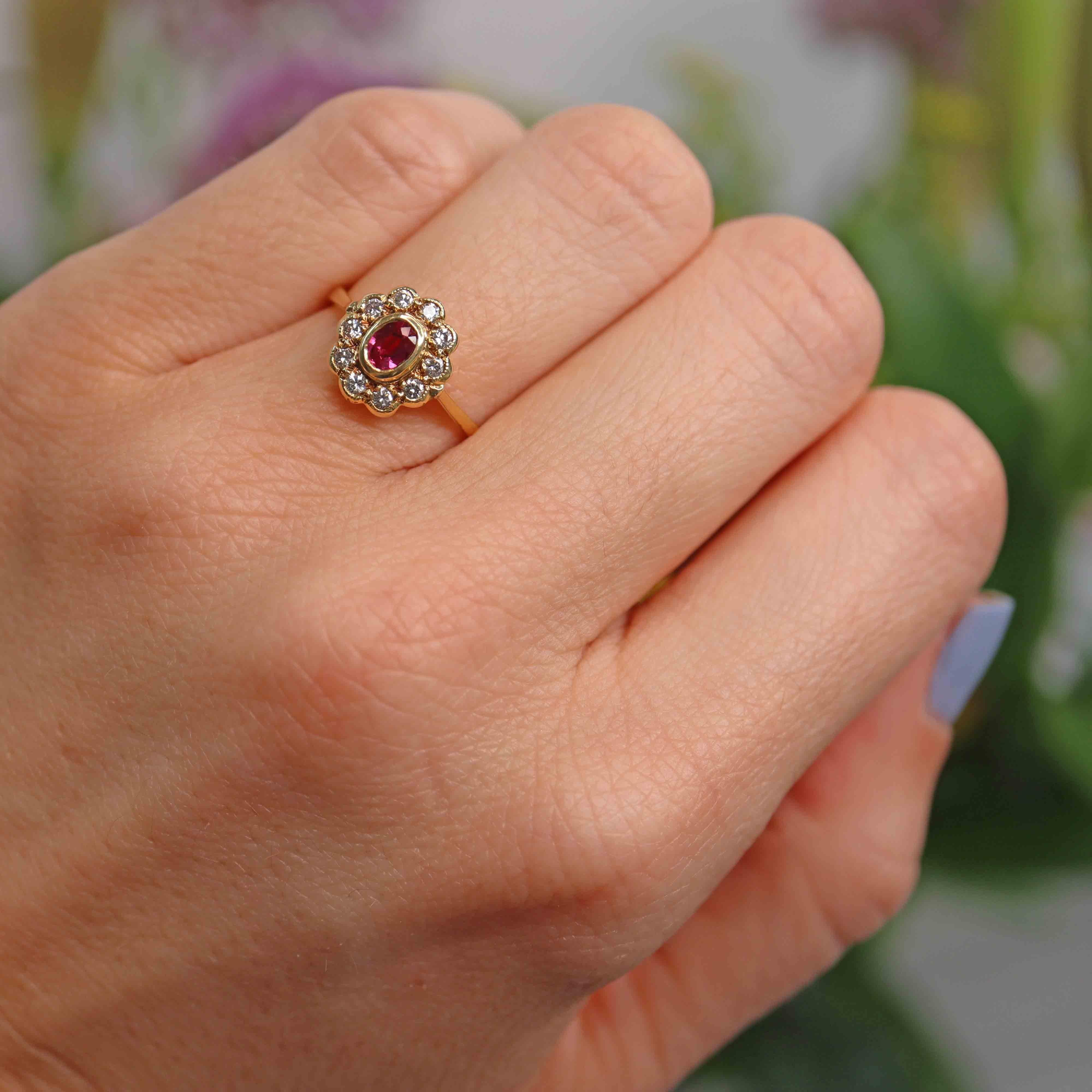 Ellibelle Jewellery Vintage 1988 Ruby & Diamond 18ct Gold Cluster Ring