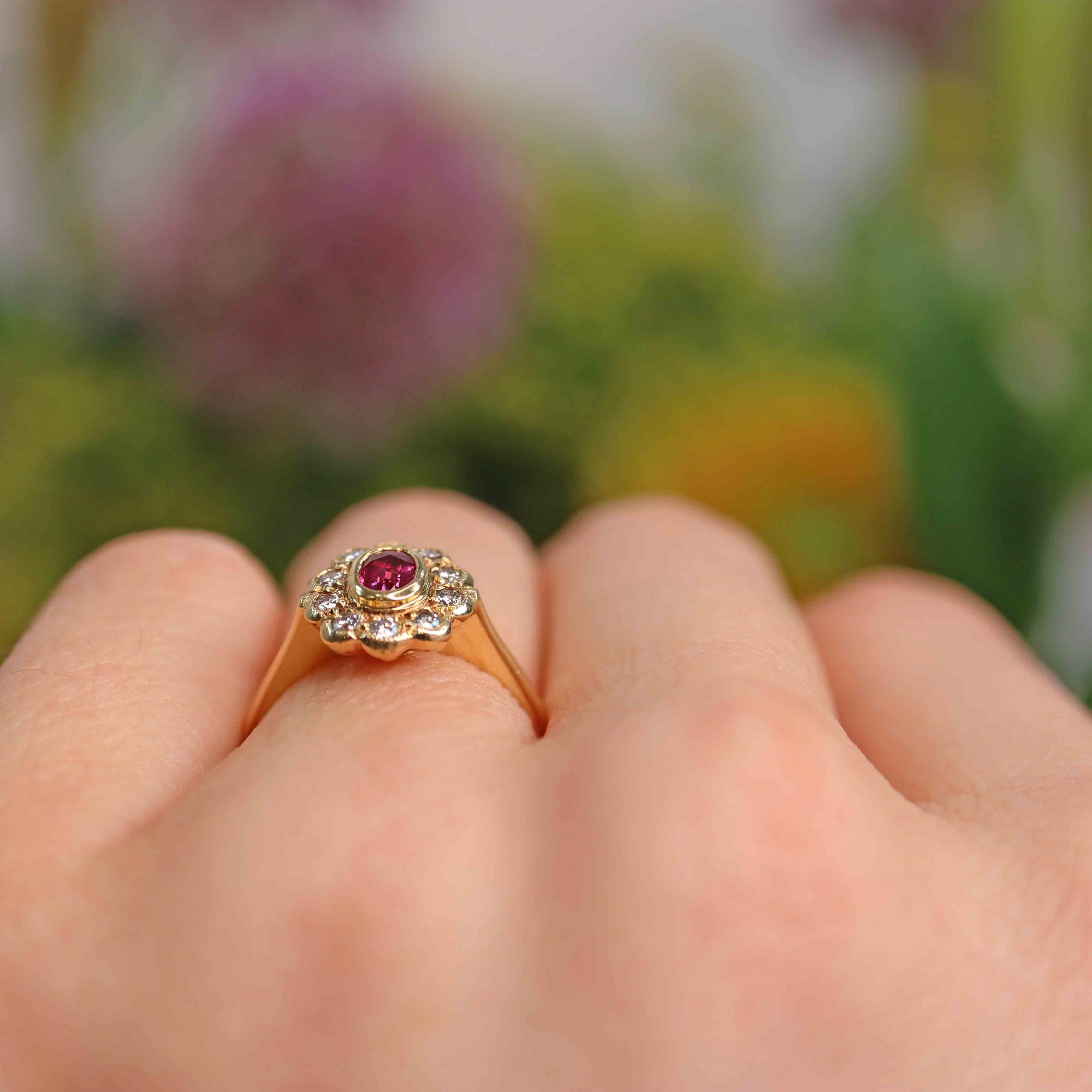 Ellibelle Jewellery Vintage 1988 Ruby & Diamond 18ct Gold Cluster Ring