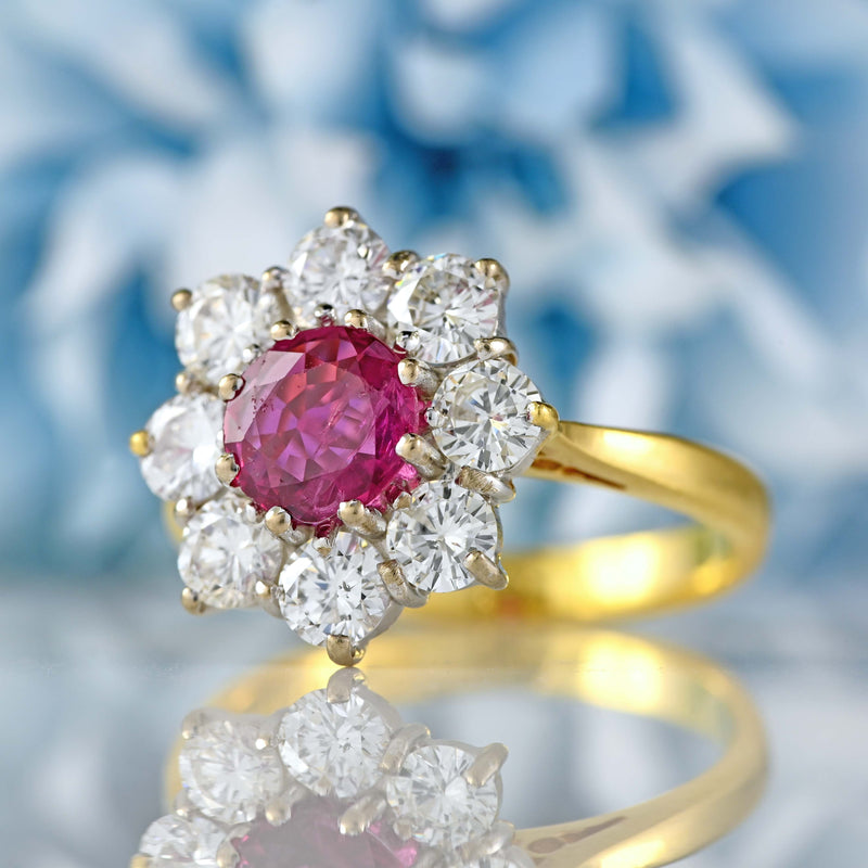 Ellibelle Jewellery Vintage 1988 Ruby & Diamond 18ct Gold Daisy Cluster Ring