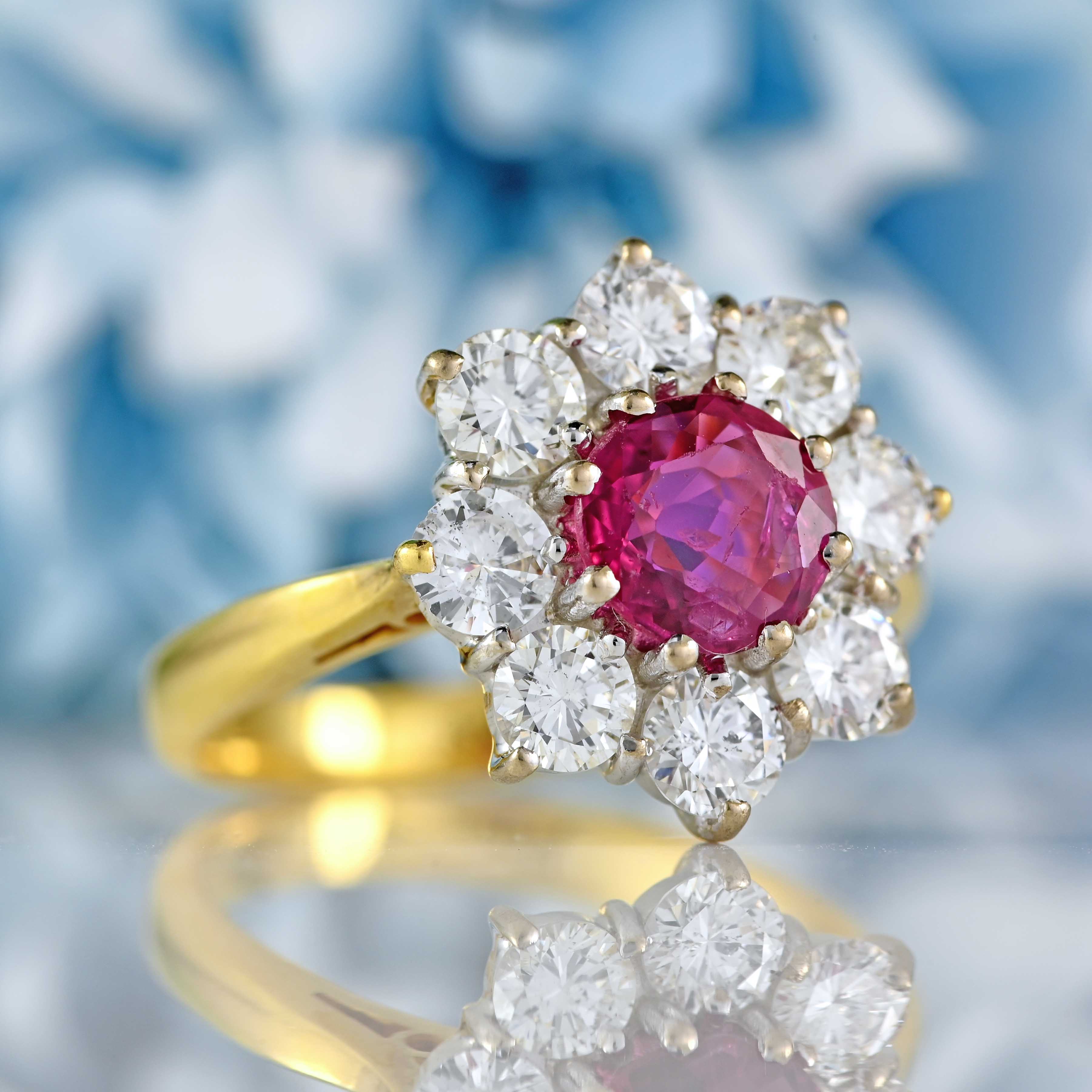 Ellibelle Jewellery Vintage 1988 Ruby & Diamond 18ct Gold Daisy Cluster Ring