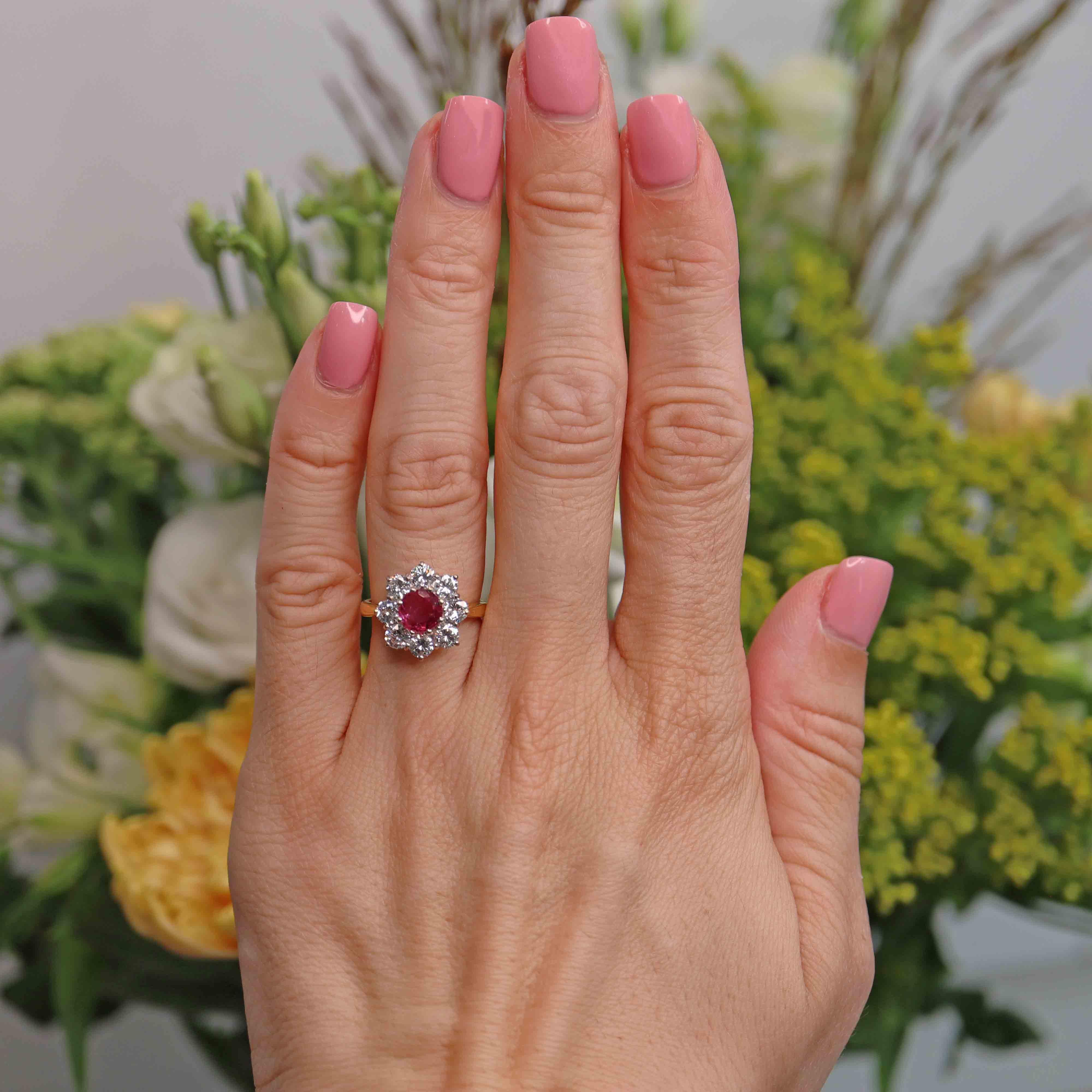 Ellibelle Jewellery Vintage 1988 Ruby & Diamond 18ct Gold Daisy Cluster Ring