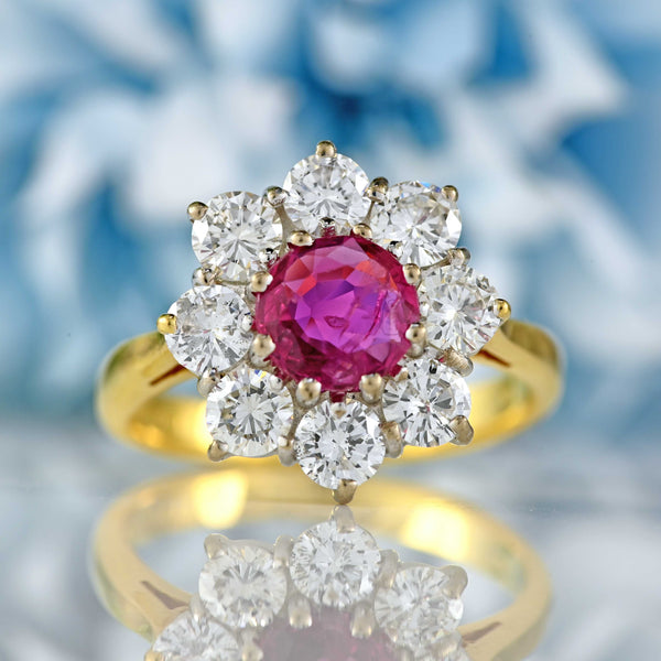 Ellibelle Jewellery Vintage 1988 Ruby & Diamond 18ct Gold Daisy Cluster Ring