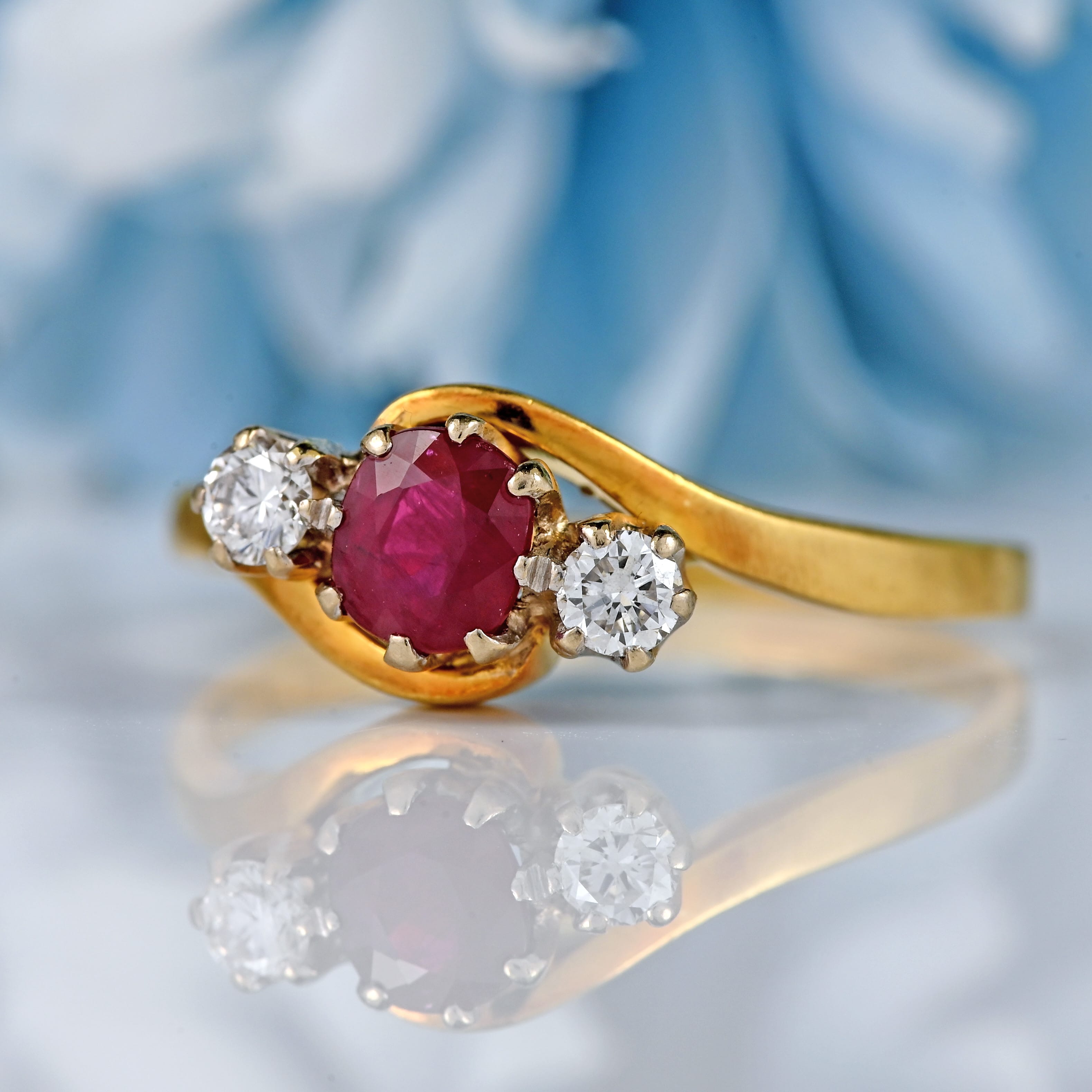 Ellibelle Jewellery Vintage 1988 Ruby & Diamond 18ct Gold Three-Stone Crossover Engagement Ring