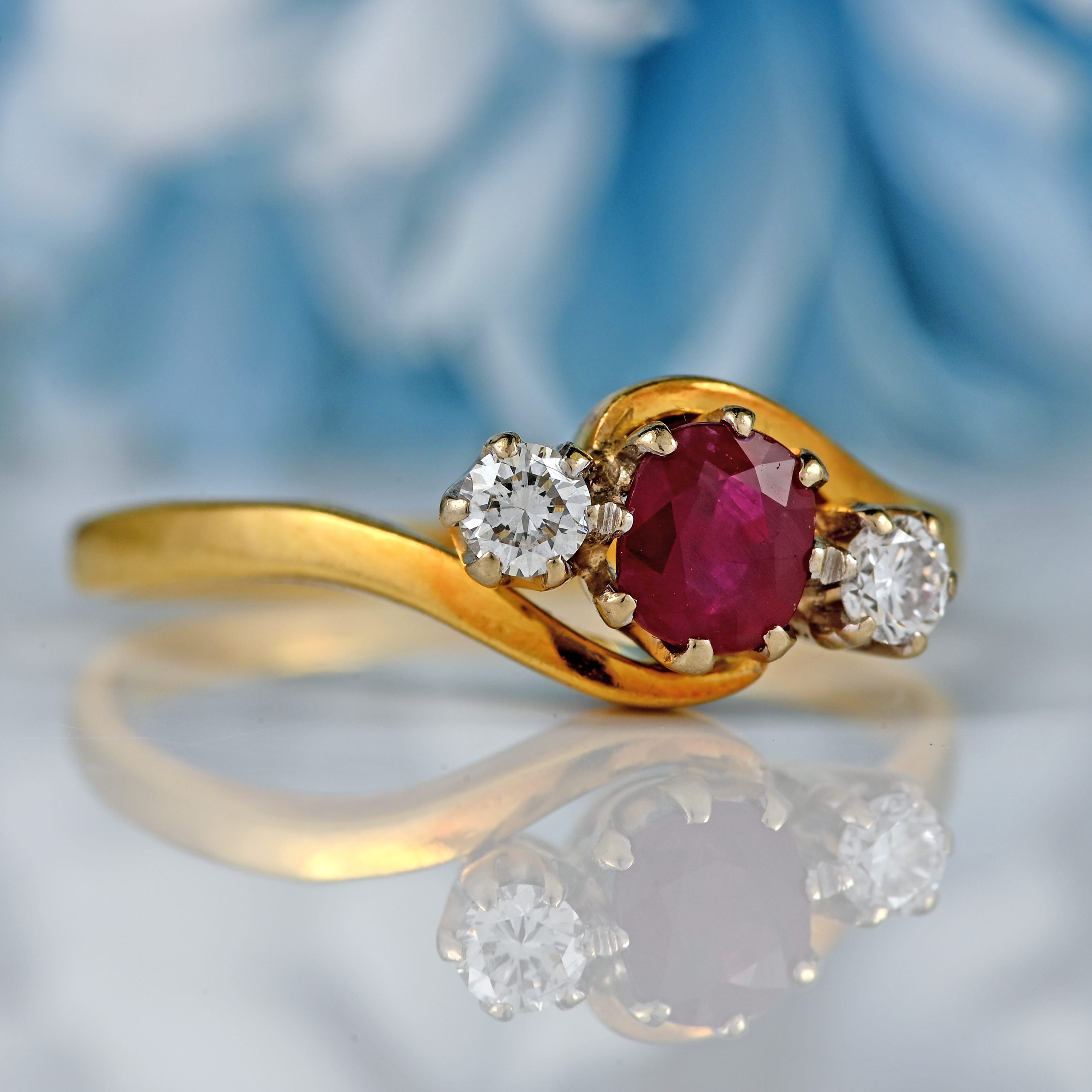 Ellibelle Jewellery Vintage 1988 Ruby & Diamond 18ct Gold Three-Stone Crossover Engagement Ring