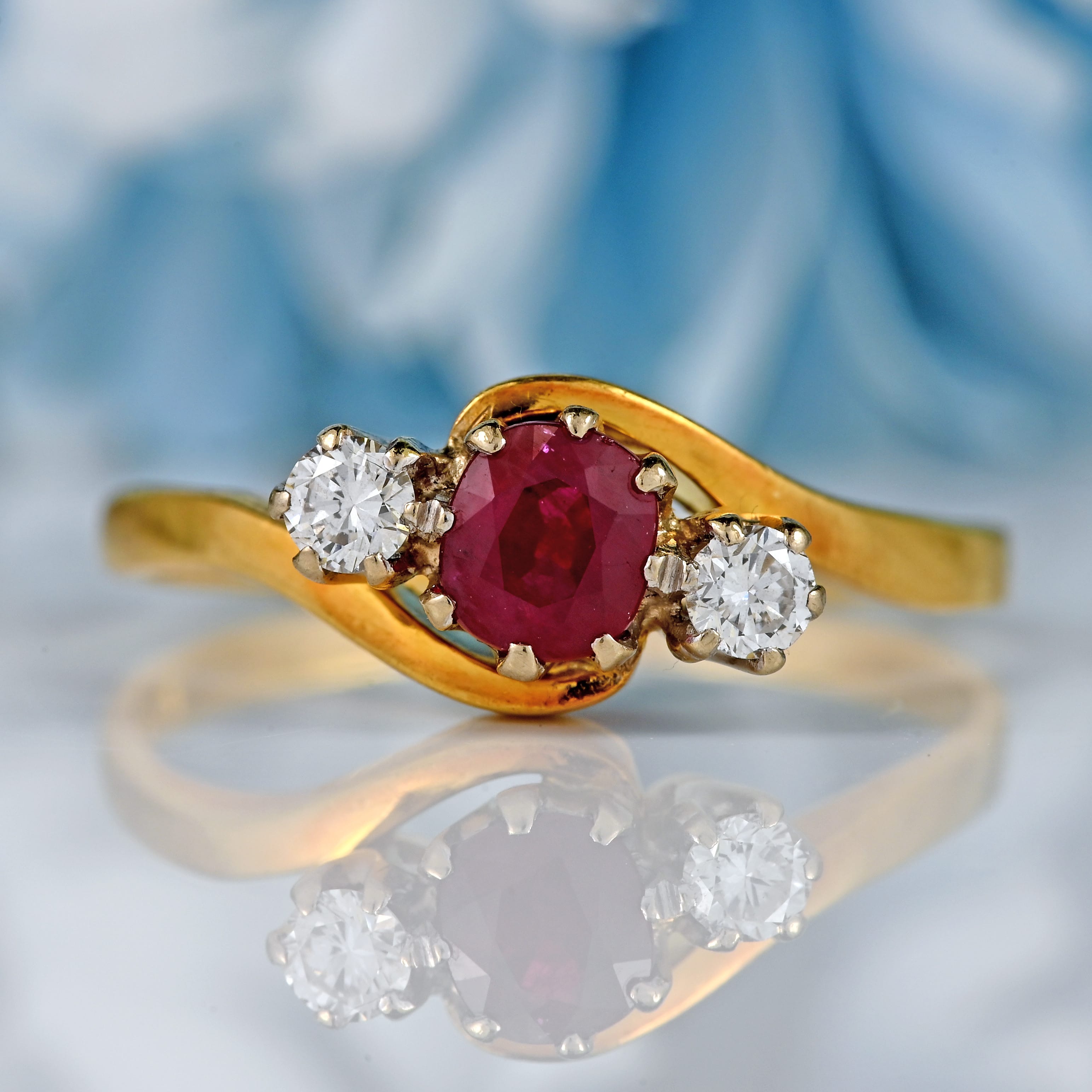 Ellibelle Jewellery Vintage 1988 Ruby & Diamond 18ct Gold Three-Stone Crossover Engagement Ring