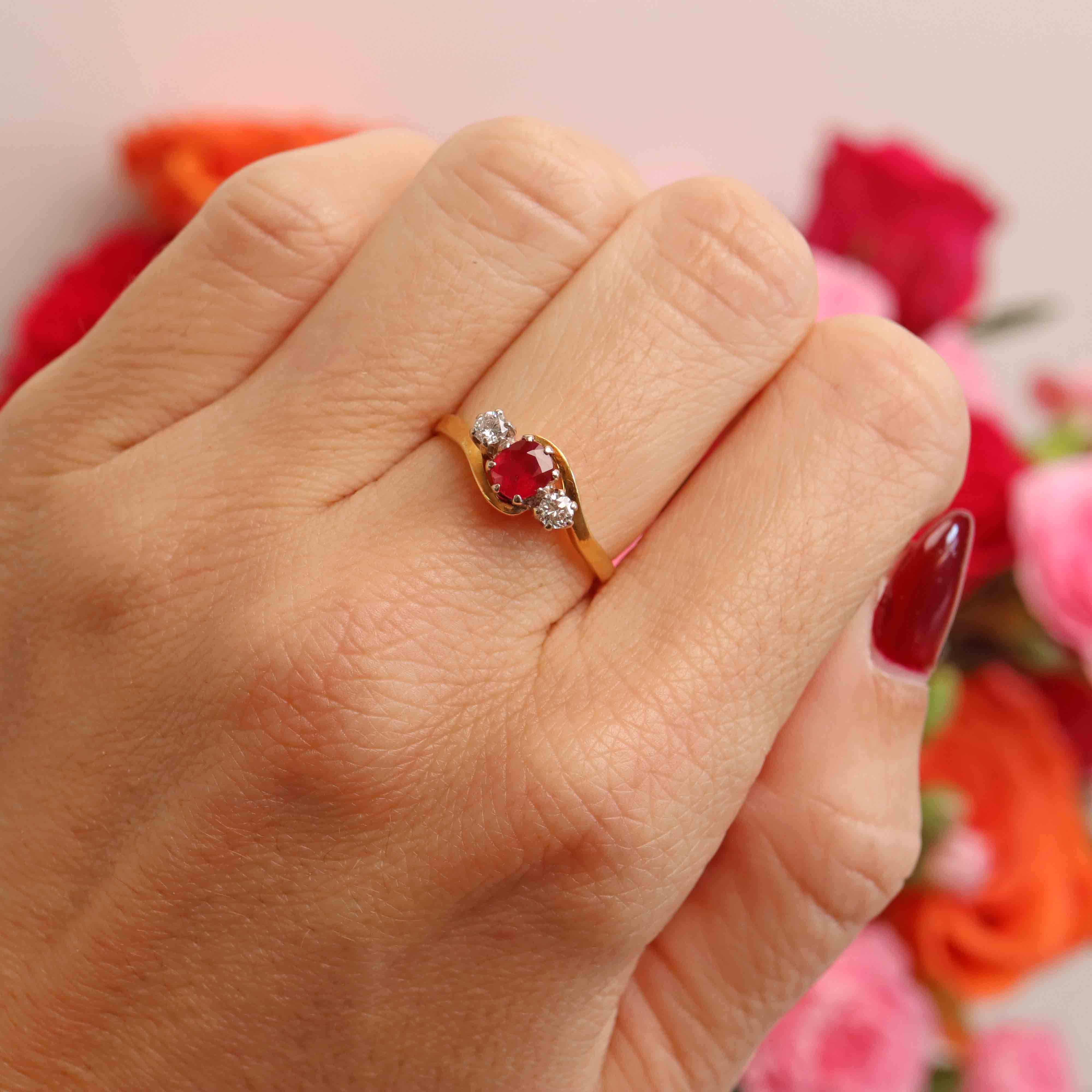Ellibelle Jewellery Vintage 1988 Ruby & Diamond 18ct Gold Three-Stone Crossover Engagement Ring