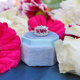 Ellibelle Jewellery Vintage 1988 Ruby & Diamond 18ct Gold Triple-Cluster Ring