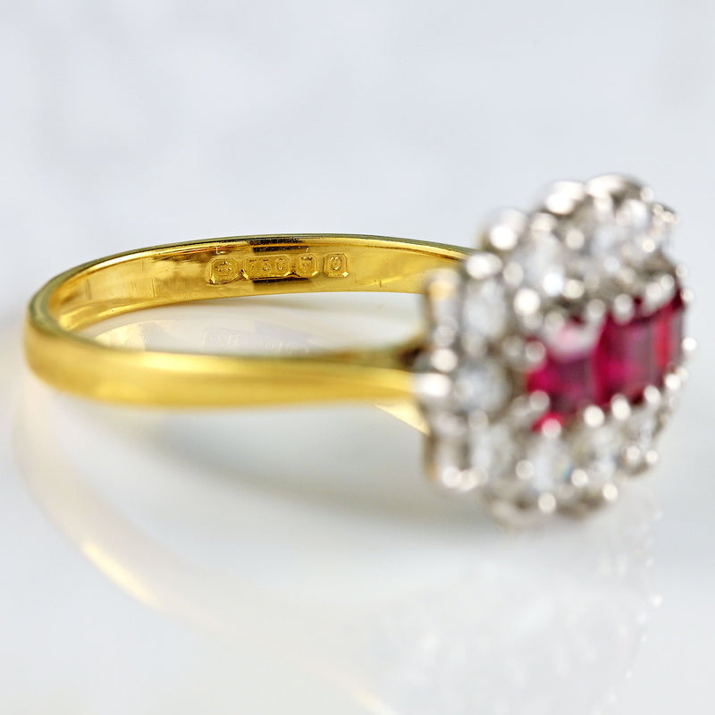 Ellibelle Jewellery Vintage 1988 Ruby & Diamond 18ct Gold Triple-Cluster Ring