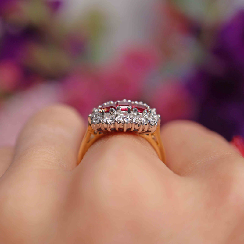 Ellibelle Jewellery Vintage 1988 Ruby & Diamond 18ct Gold Triple-Cluster Ring