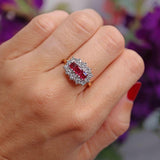 Ellibelle Jewellery Vintage 1988 Ruby & Diamond 18ct Gold Triple-Cluster Ring