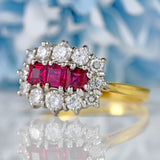 Ellibelle Jewellery Vintage 1988 Ruby & Diamond 18ct Gold Triple-Cluster Ring
