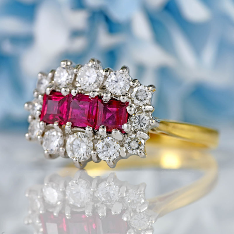 Ellibelle Jewellery Vintage 1988 Ruby & Diamond 18ct Gold Triple-Cluster Ring