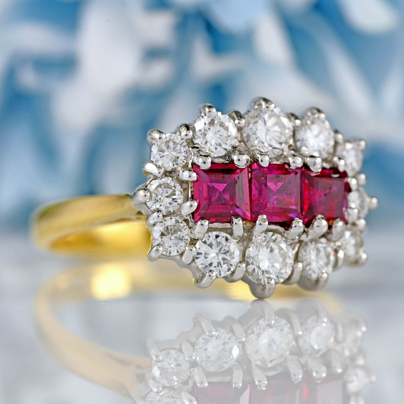 Ellibelle Jewellery Vintage 1988 Ruby & Diamond 18ct Gold Triple-Cluster Ring