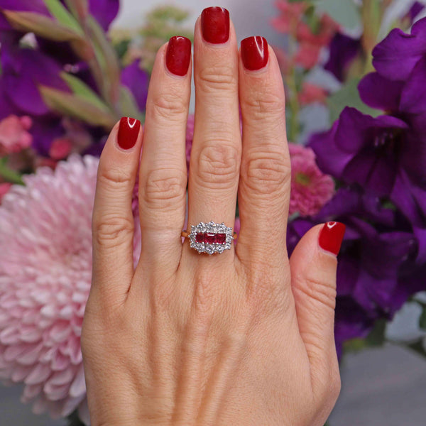 Ellibelle Jewellery Vintage 1988 Ruby & Diamond 18ct Gold Triple-Cluster Ring