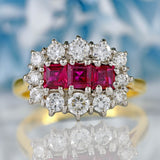 Ellibelle Jewellery Vintage 1988 Ruby & Diamond 18ct Gold Triple-Cluster Ring