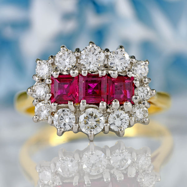 Ellibelle Jewellery Vintage 1988 Ruby & Diamond 18ct Gold Triple-Cluster Ring