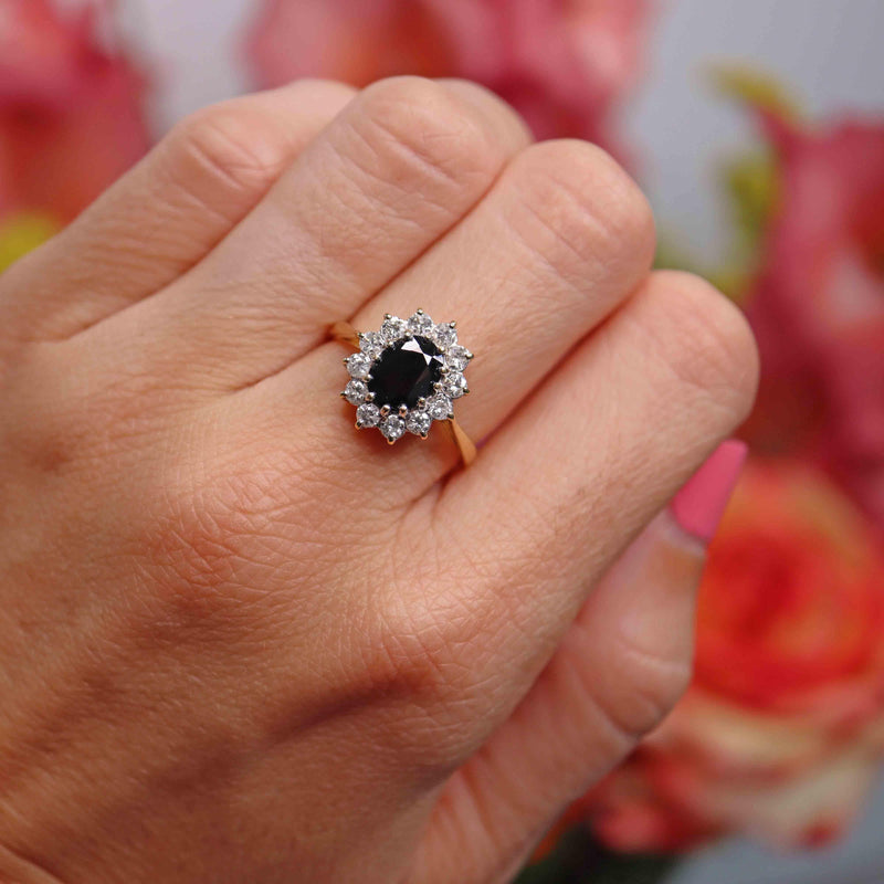 Ellibelle Jewellery Vintage 1988 Sapphire & Diamond 18ct Gold Cluster Ring