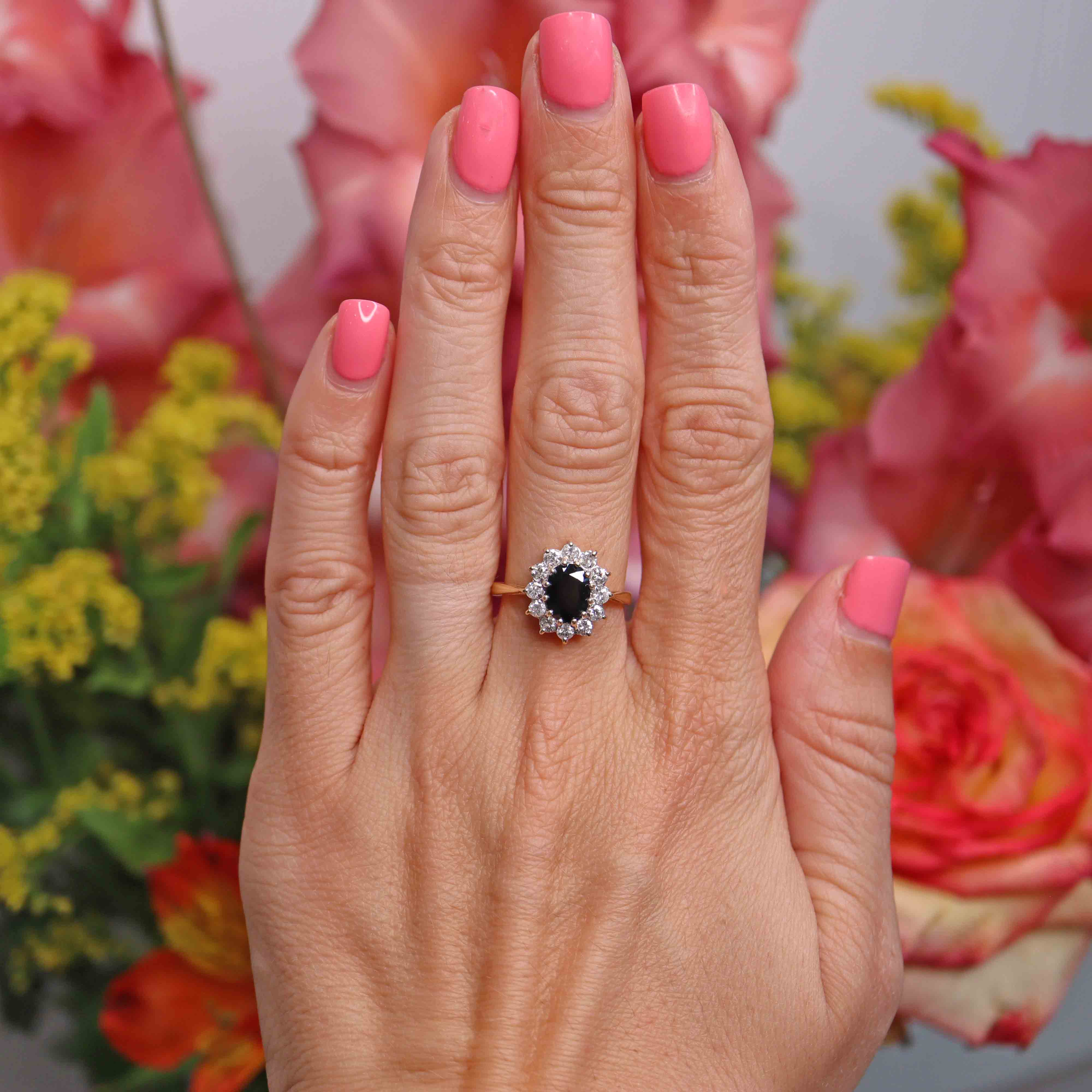 Ellibelle Jewellery Vintage 1988 Sapphire & Diamond 18ct Gold Cluster Ring