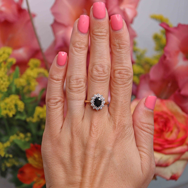 Ellibelle Jewellery Vintage 1988 Sapphire & Diamond 18ct Gold Cluster Ring