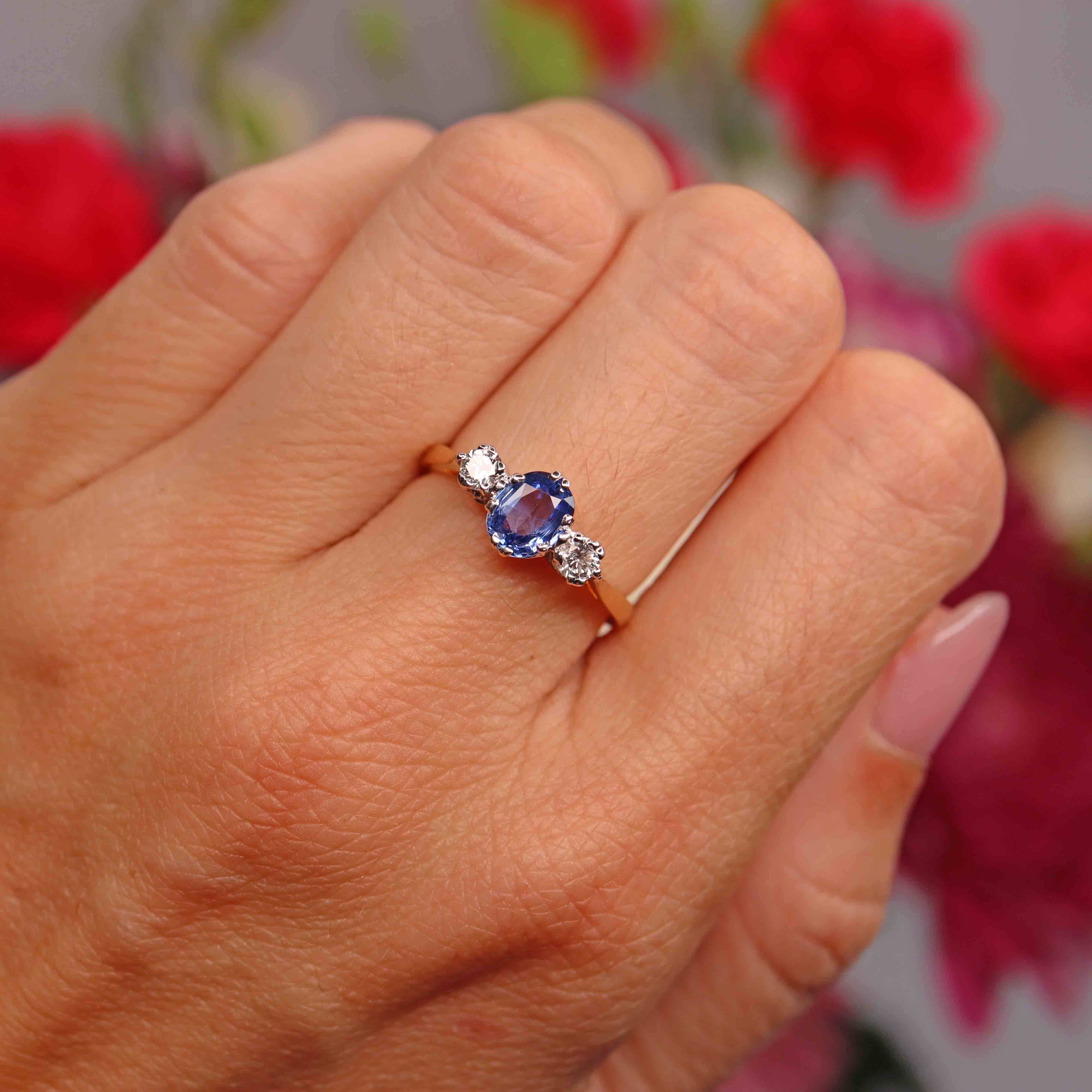 Ellibelle Jewellery Vintage 1988 Sapphire & Diamond 18ct Gold Three-Stone Trilogy Ring