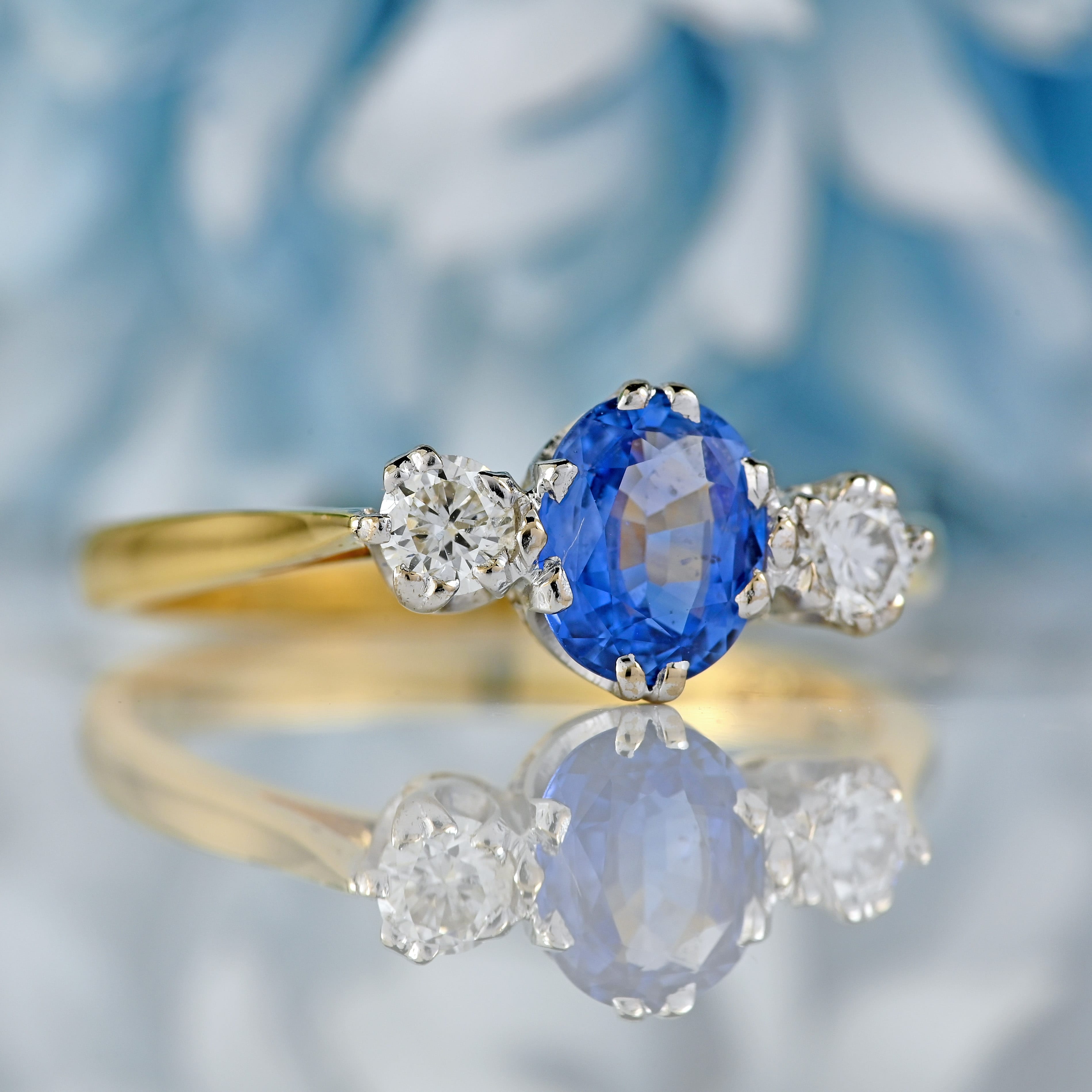 Ellibelle Jewellery Vintage 1988 Sapphire & Diamond 18ct Gold Three-Stone Trilogy Ring
