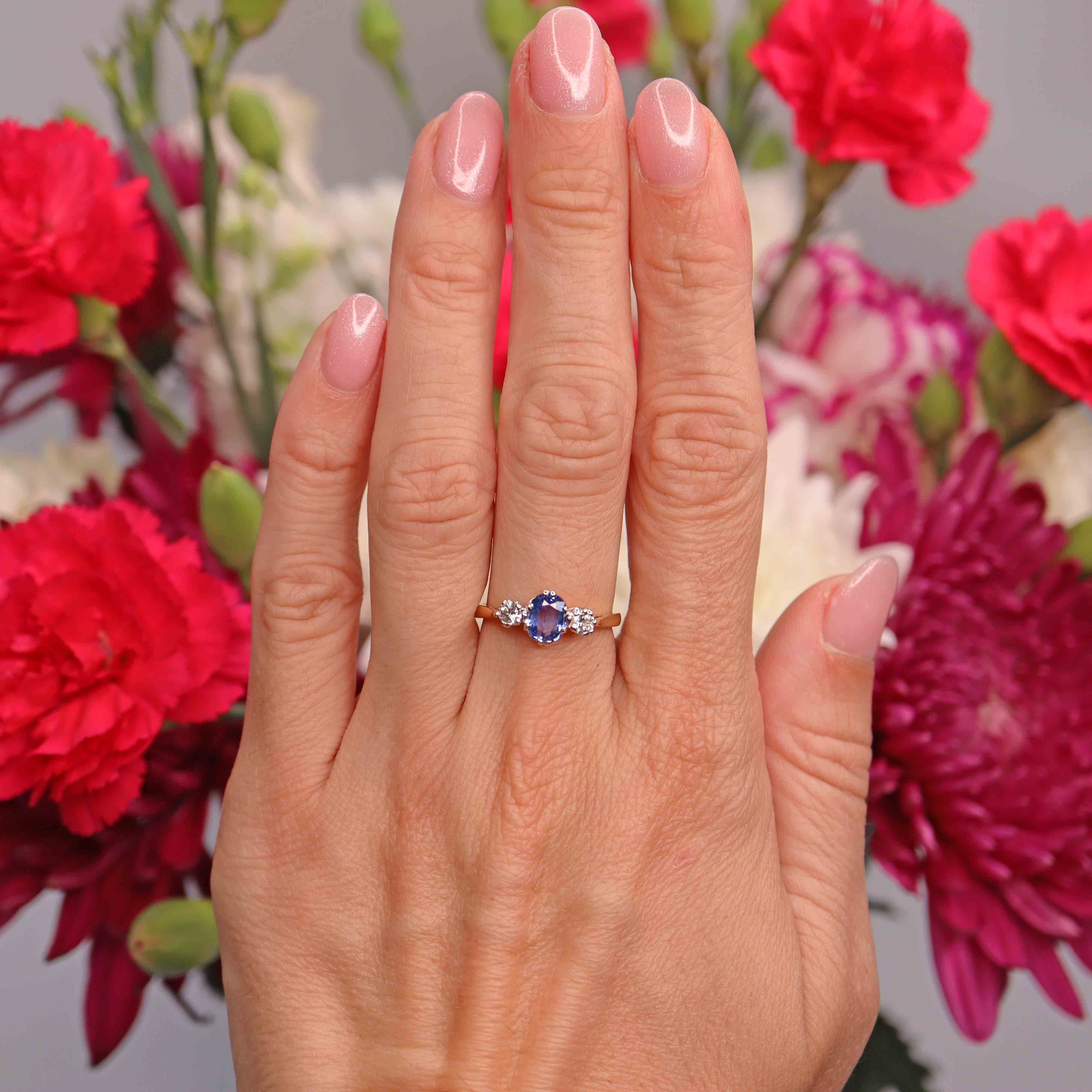 Ellibelle Jewellery Vintage 1988 Sapphire & Diamond 18ct Gold Three-Stone Trilogy Ring