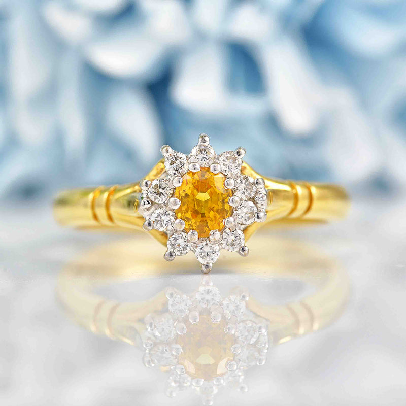 Ellibelle Jewellery Vintage 1988 Yellow Sapphire & Diamond 18ct Gold Cluster Ring