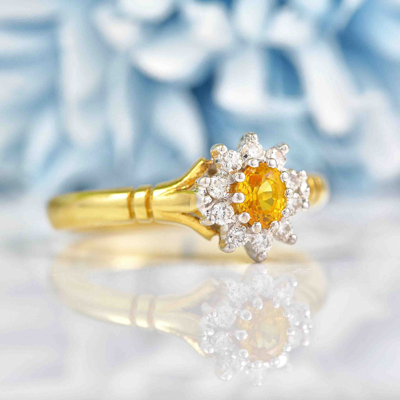 Ellibelle Jewellery Vintage 1988 Yellow Sapphire & Diamond 18ct Gold Cluster Ring