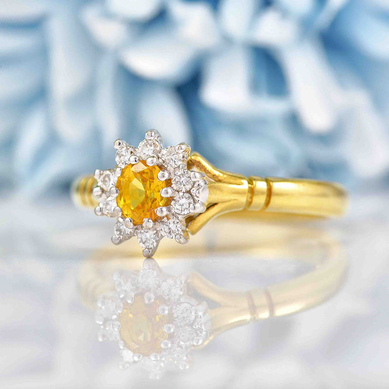 Ellibelle Jewellery Vintage 1988 Yellow Sapphire & Diamond 18ct Gold Cluster Ring