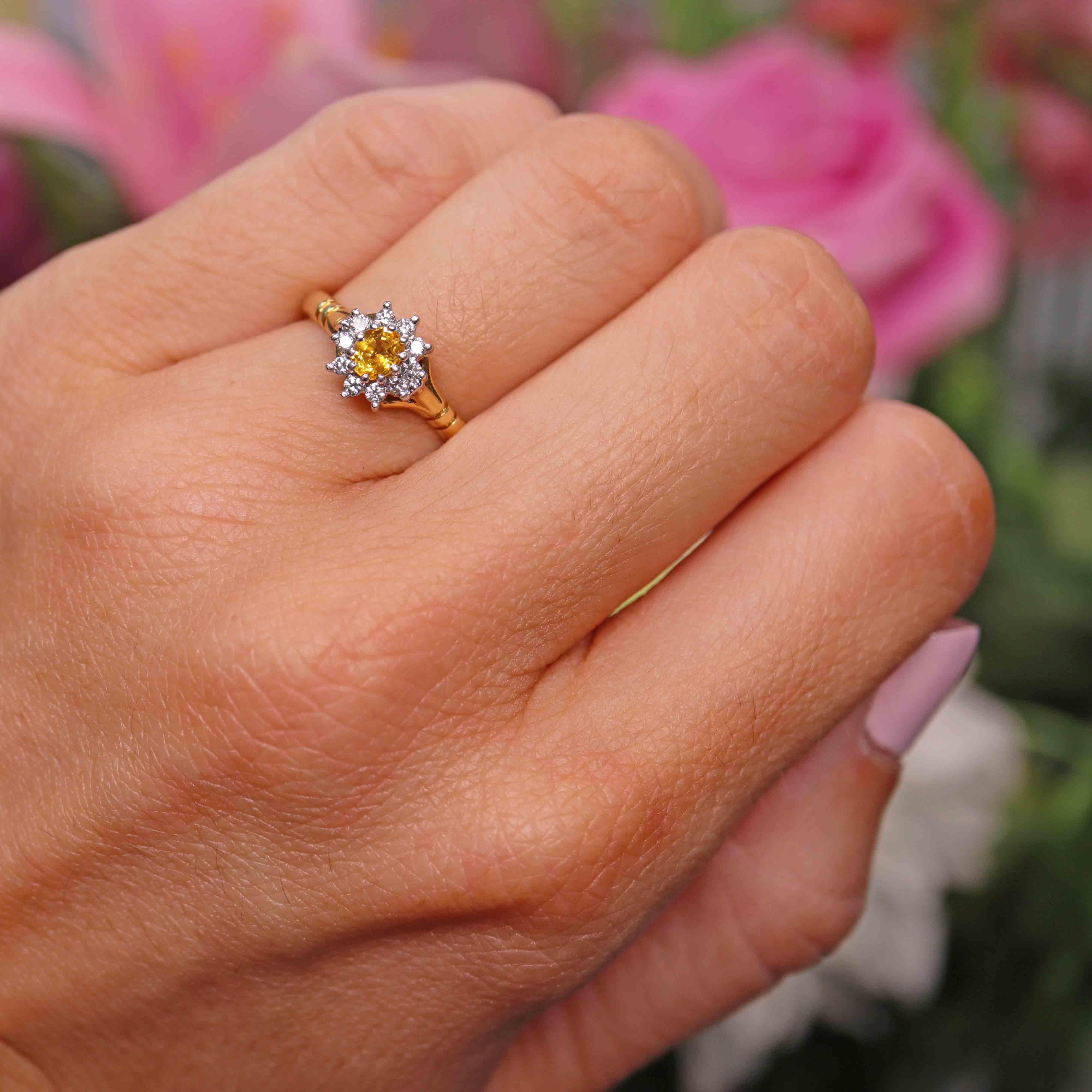 Ellibelle Jewellery Vintage 1988 Yellow Sapphire & Diamond 18ct Gold Cluster Ring