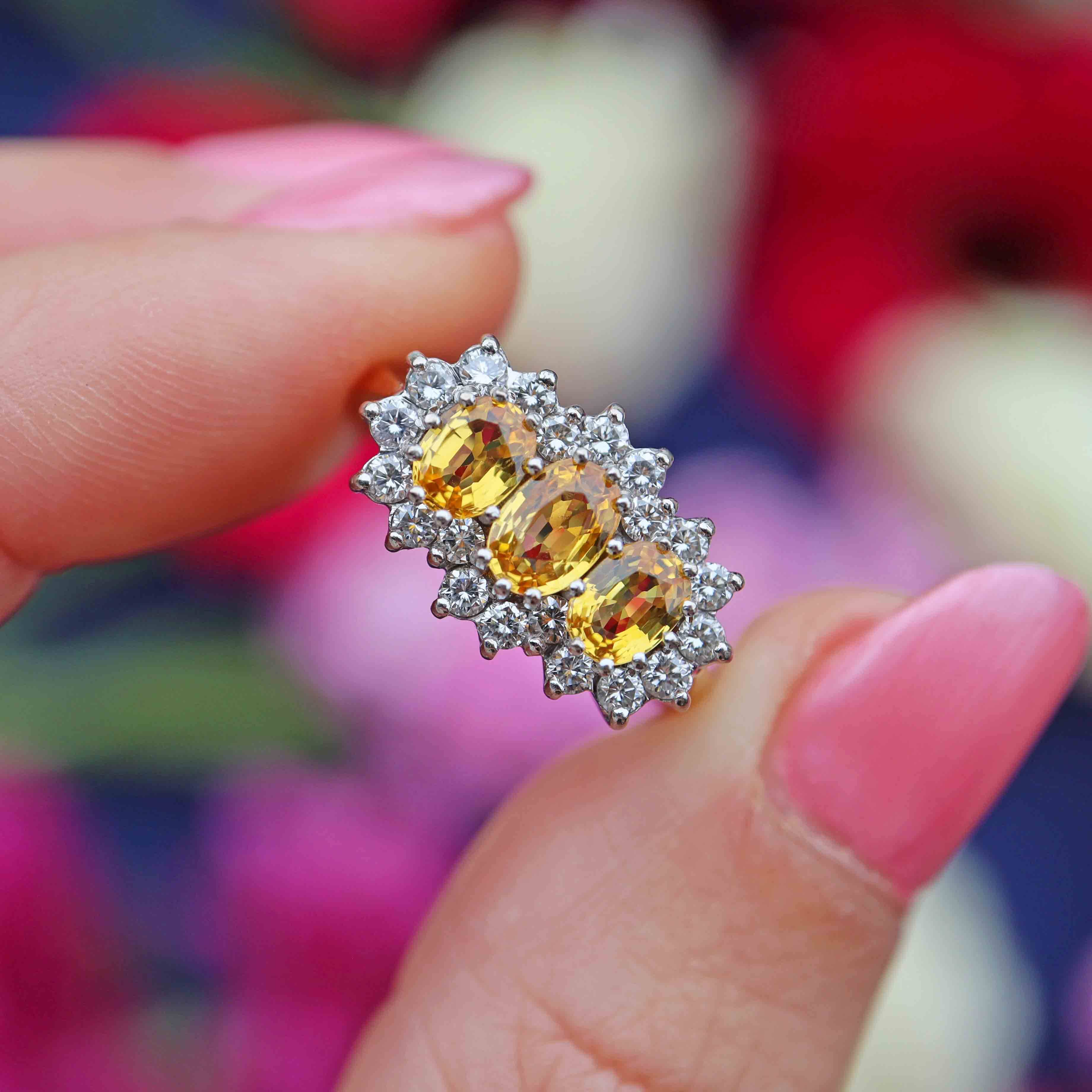 Ellibelle Jewellery Vintage 1988 Yellow Sapphire & Diamond 18ct Gold Triple Cluster Ring
