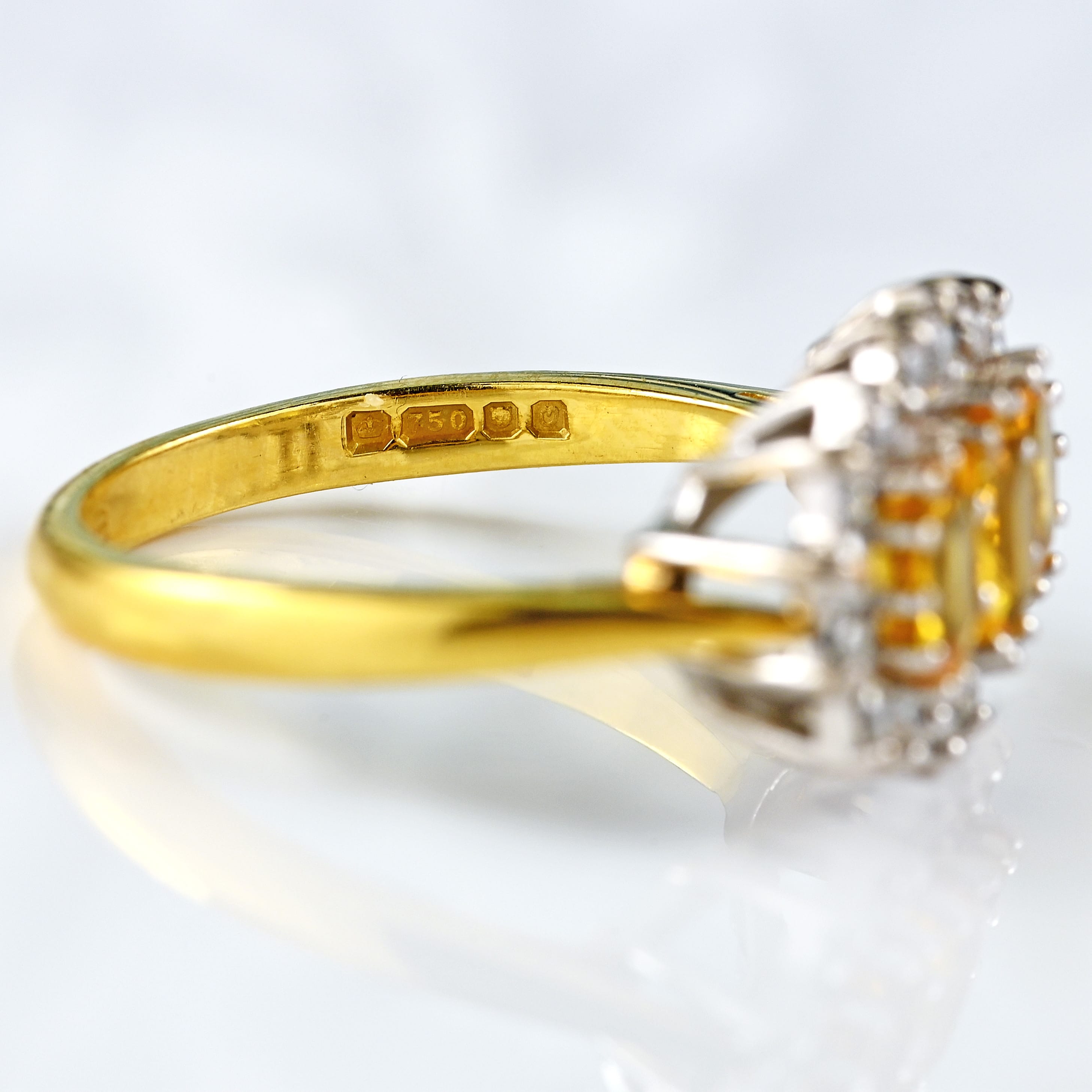 Ellibelle Jewellery Vintage 1988 Yellow Sapphire & Diamond 18ct Gold Triple Cluster Ring