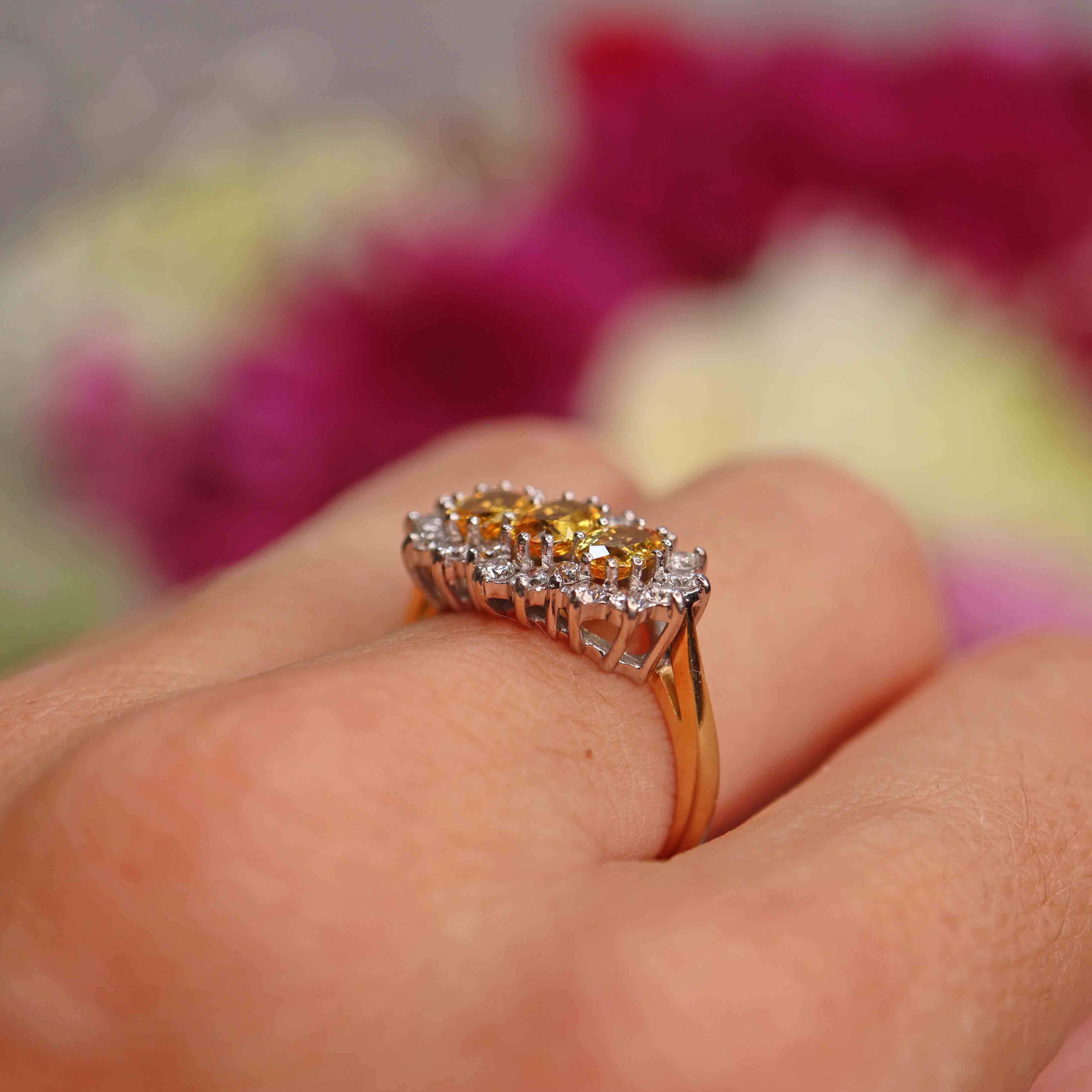Ellibelle Jewellery Vintage 1988 Yellow Sapphire & Diamond 18ct Gold Triple Cluster Ring