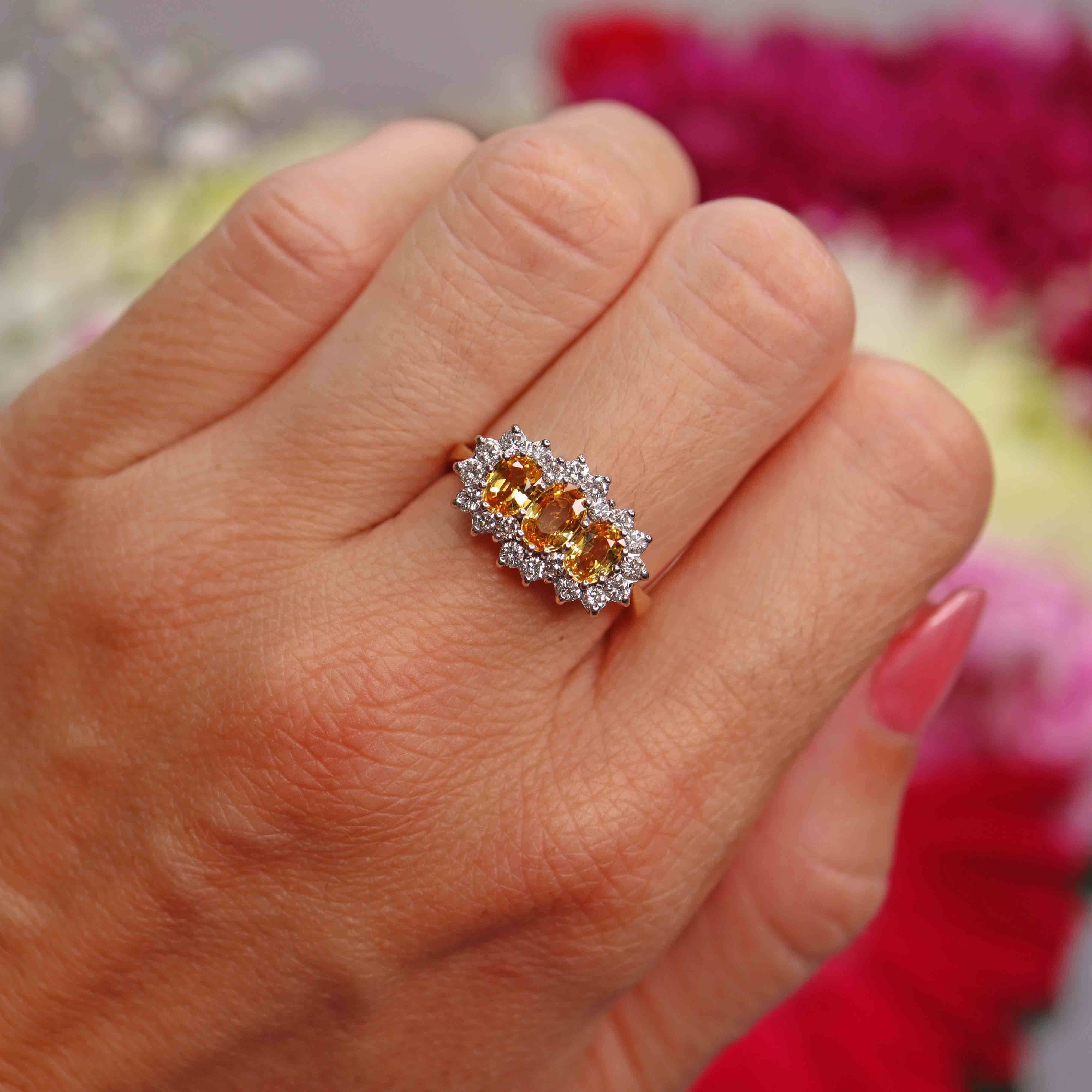 Ellibelle Jewellery Vintage 1988 Yellow Sapphire & Diamond 18ct Gold Triple Cluster Ring